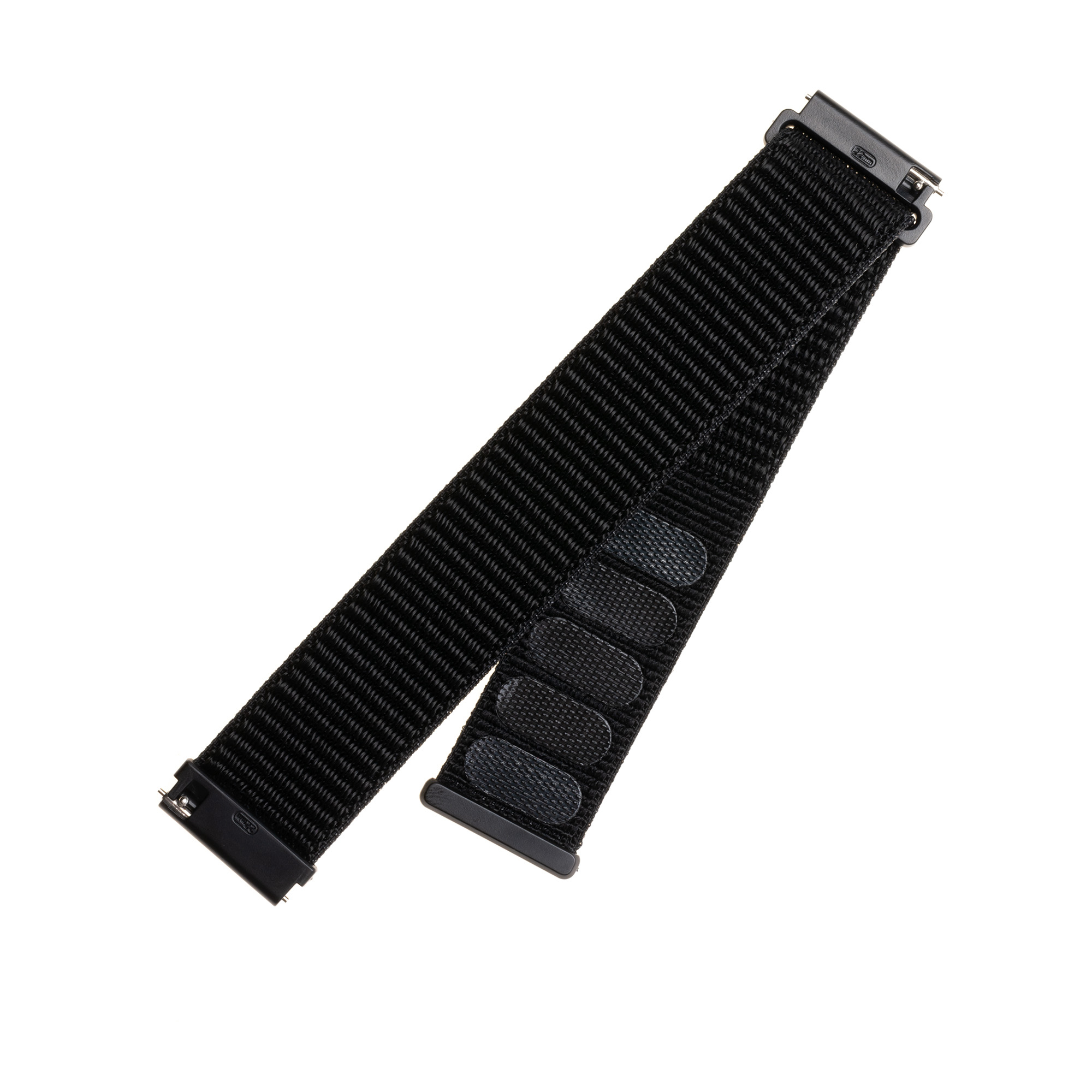 Ein schwarzes Nylon-Uhrenarmband mit Klettverschluss und Adaptern auf weißem Hintergrund.