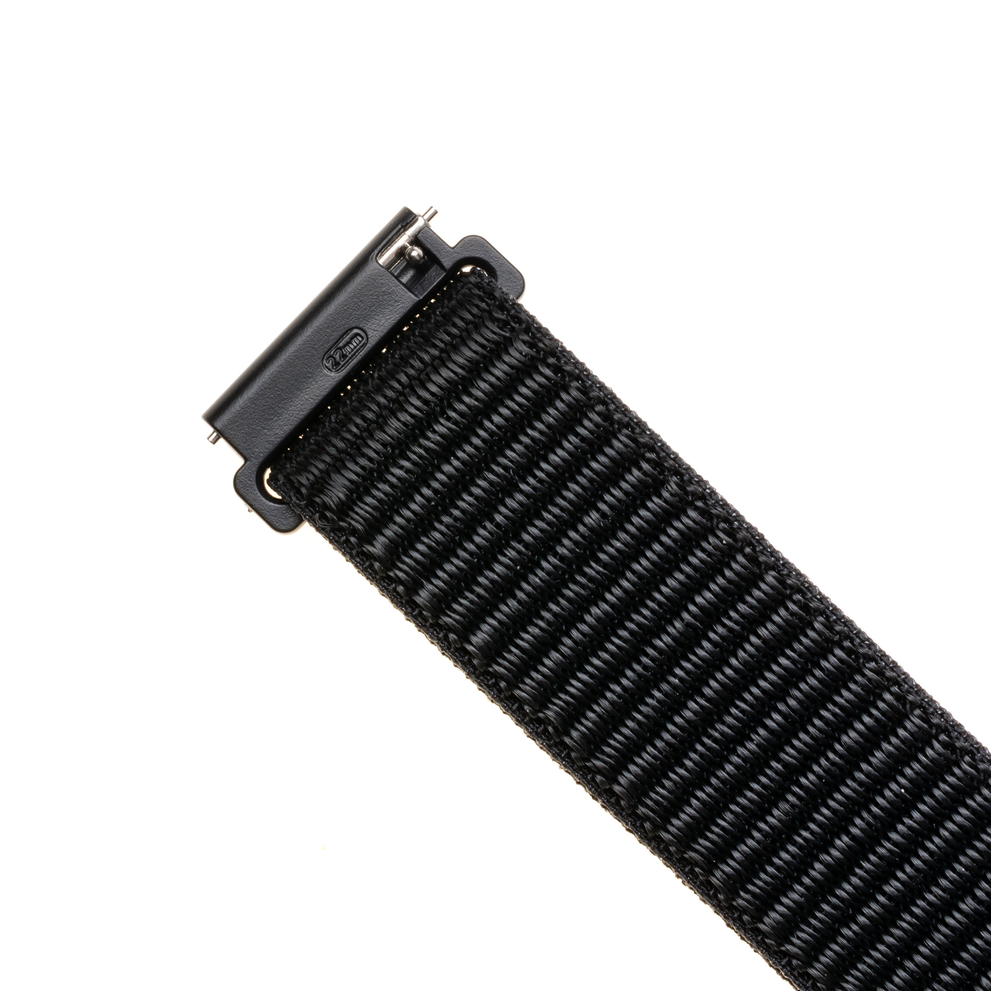Ein schwarzes Nylon-Uhrenarmband mit einer schwarzen Schließe vor weißem Hintergrund.