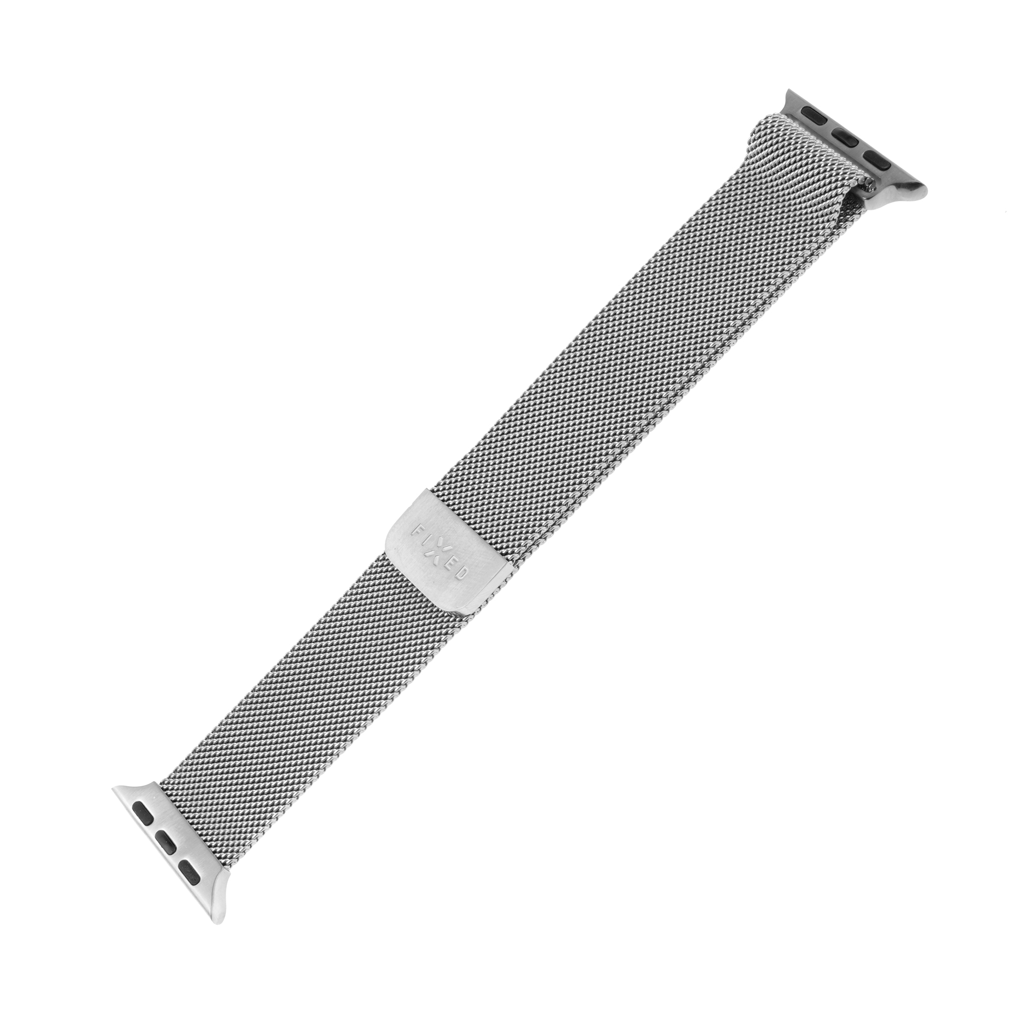 Ein silbernes Milanaise-Uhrenarmband mit einer kleinen Metallschließe auf einem weißen Hintergrund.