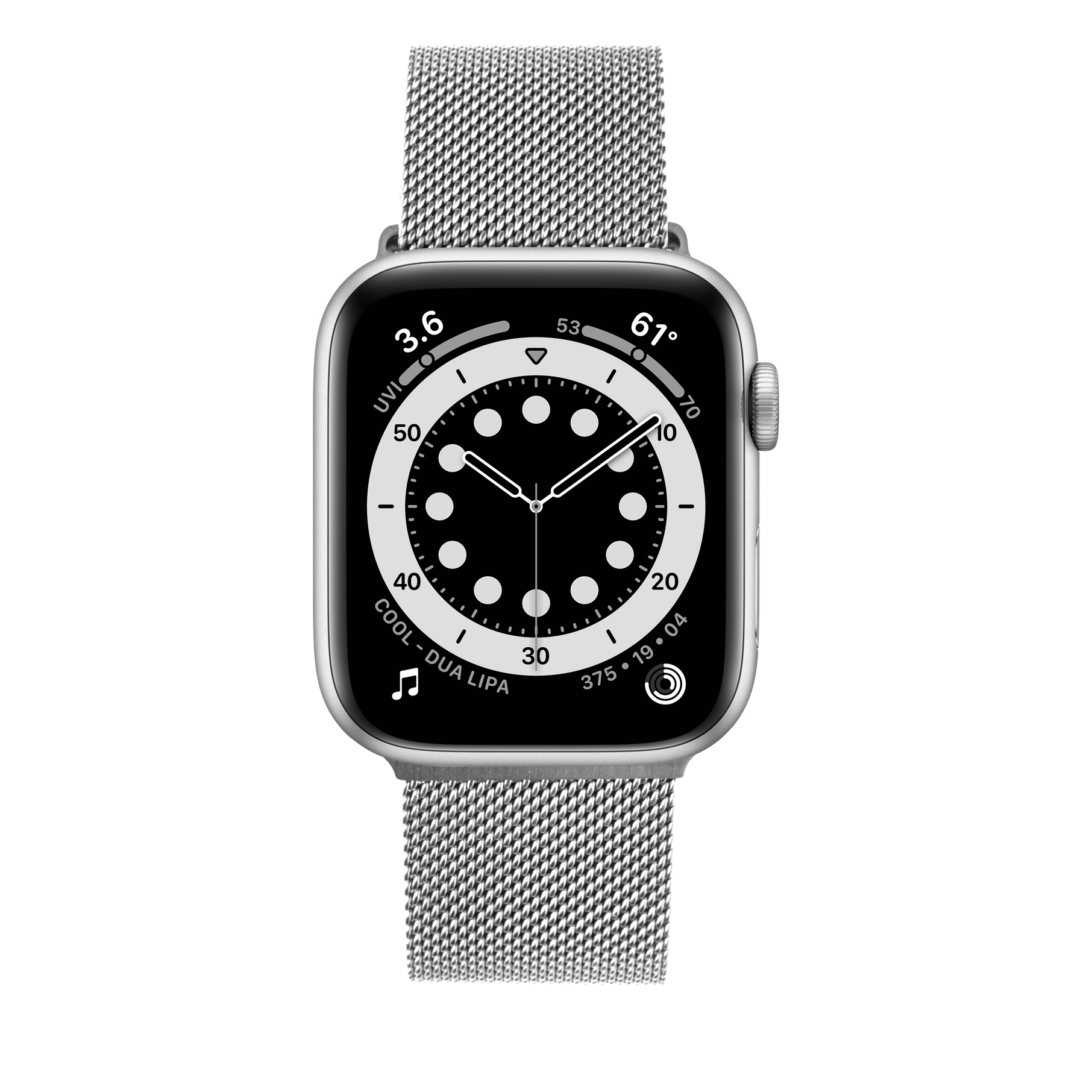 Eine silberne Smartwatch mit schwarzem Zifferblatt und silbernem Milanaise-Armband auf weißem Hintergrund.