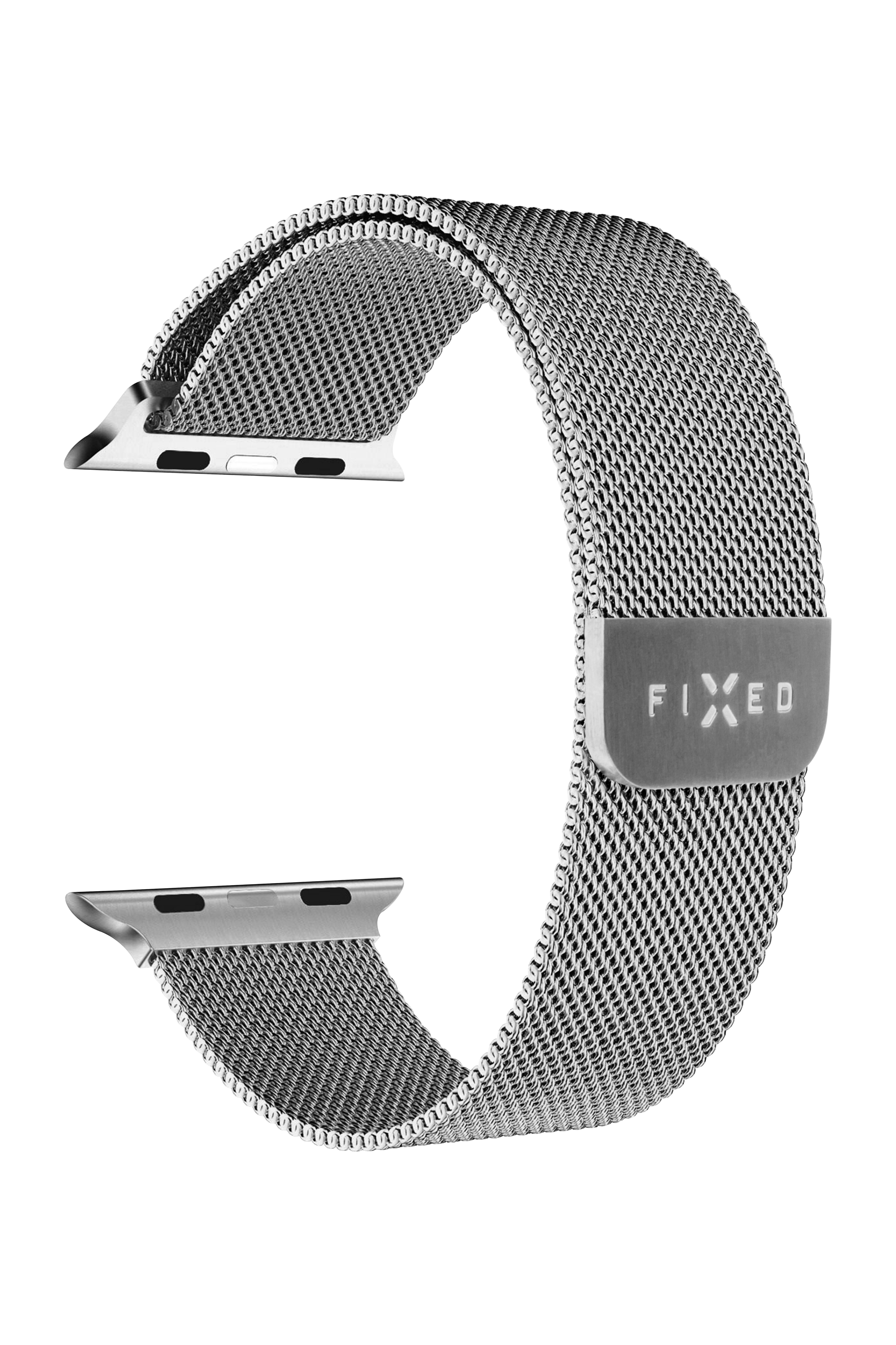 Ein silbernes Milanaise-Armband mit FIXED-Logo auf dem Magnetverschluss vor weißem Hintergrund.