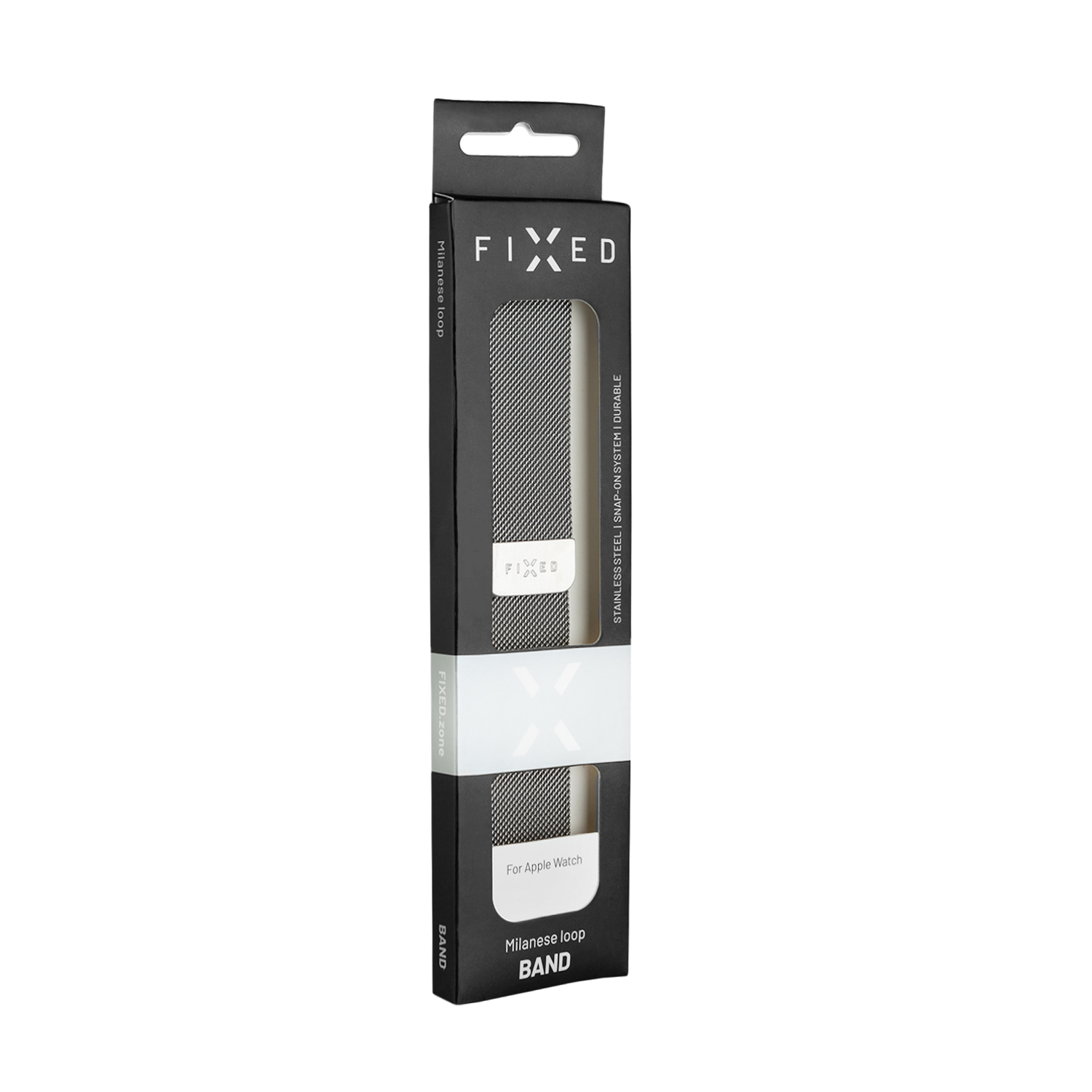 Schwarze Produktverpackung für ein milanesisches Edelstahlarmband für Apple Watch, stehend auf weißem Hintergrund.