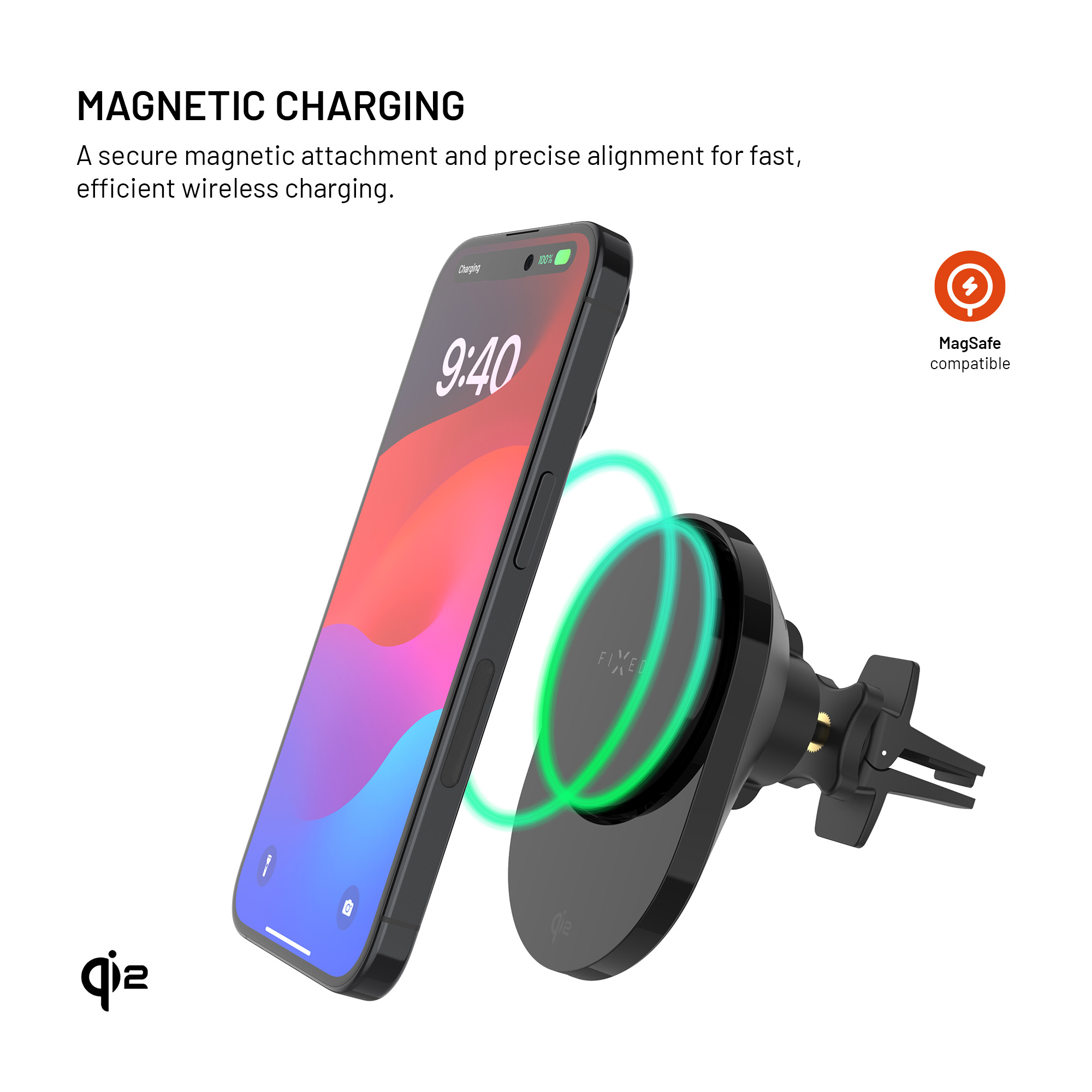 Ein Smartphone schwebt magnetisch vor einer schwarzen kabellosen Autoladehalterung mit grünen Leuchtringen.