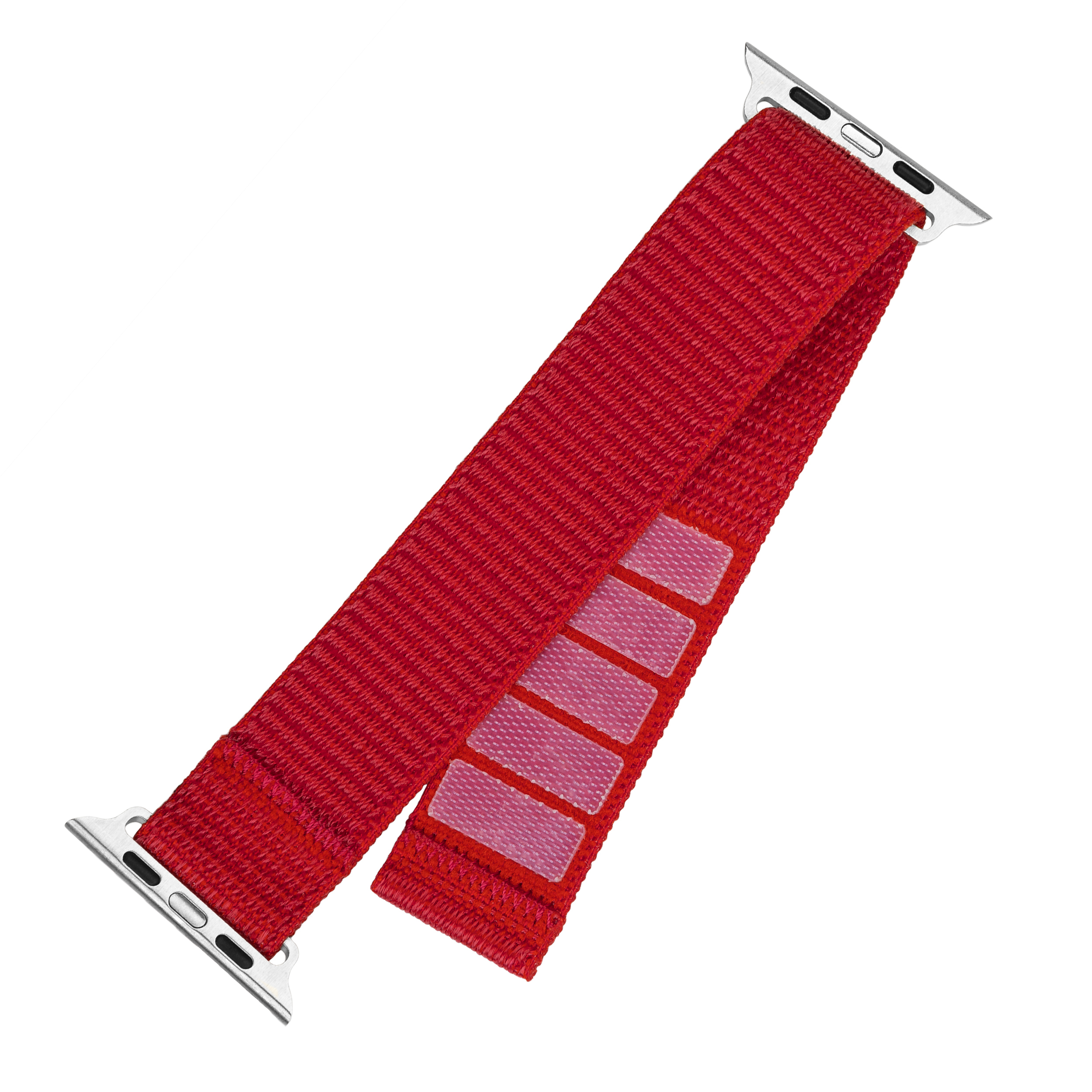 Ein rotes Nylon-Uhrenarmband mit silbernen Metallverbindungen auf weißem Hintergrund.