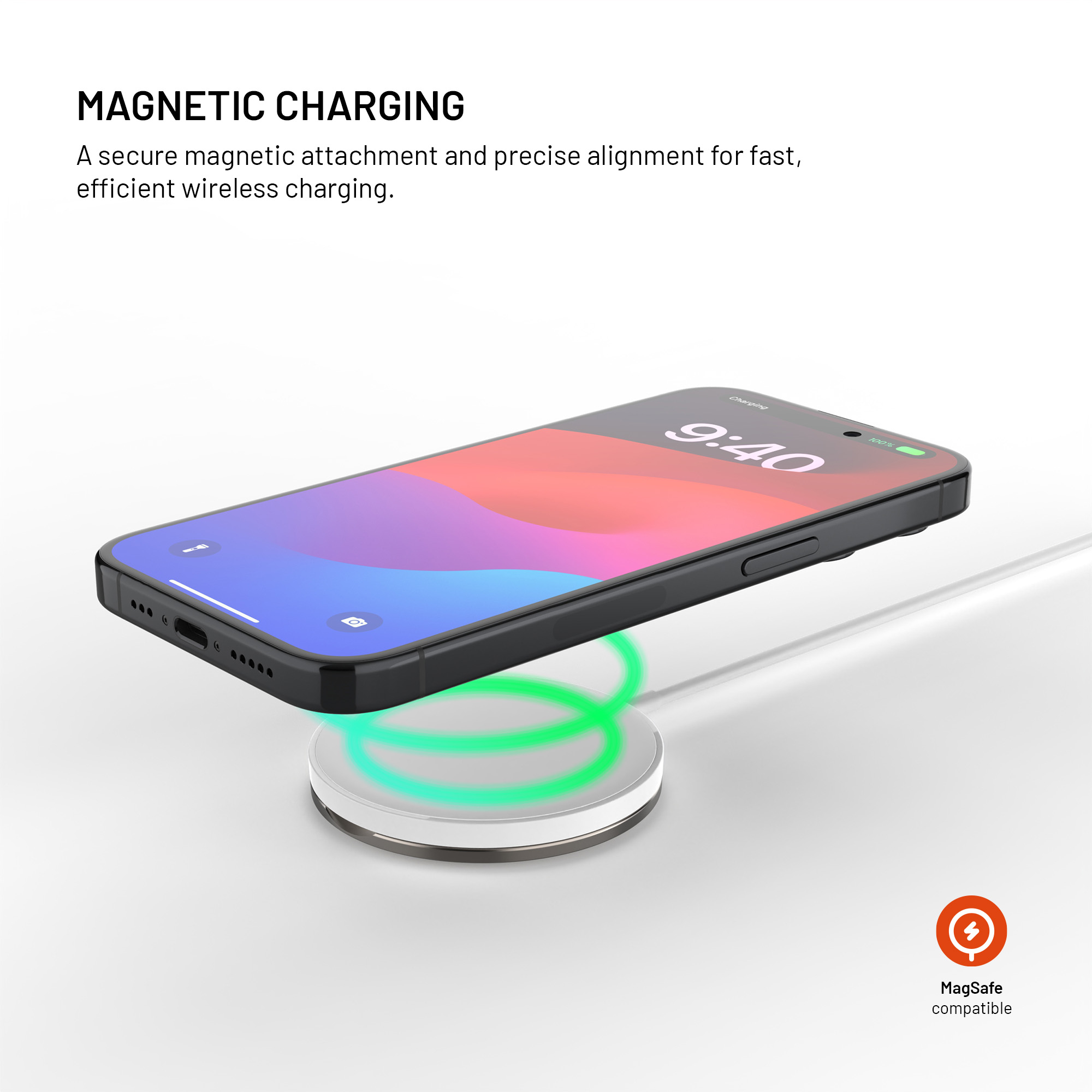 Ein Smartphone lädt kabellos auf einer magnetischen Ladestation mit leuchtend grünen Ringen.