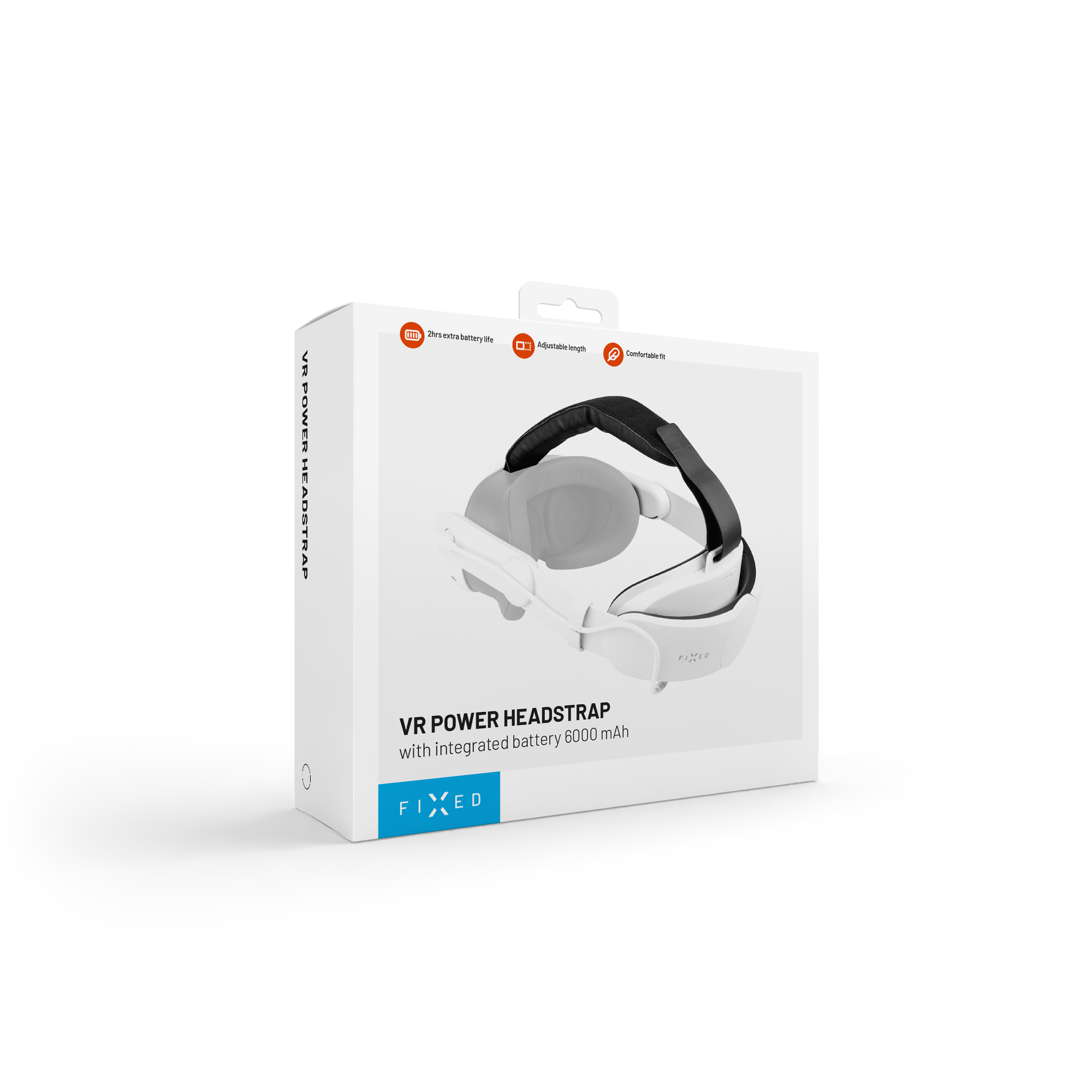 Weiße Box für ein VR Power Headstrap mit integriertem Akku auf weißem Grund.