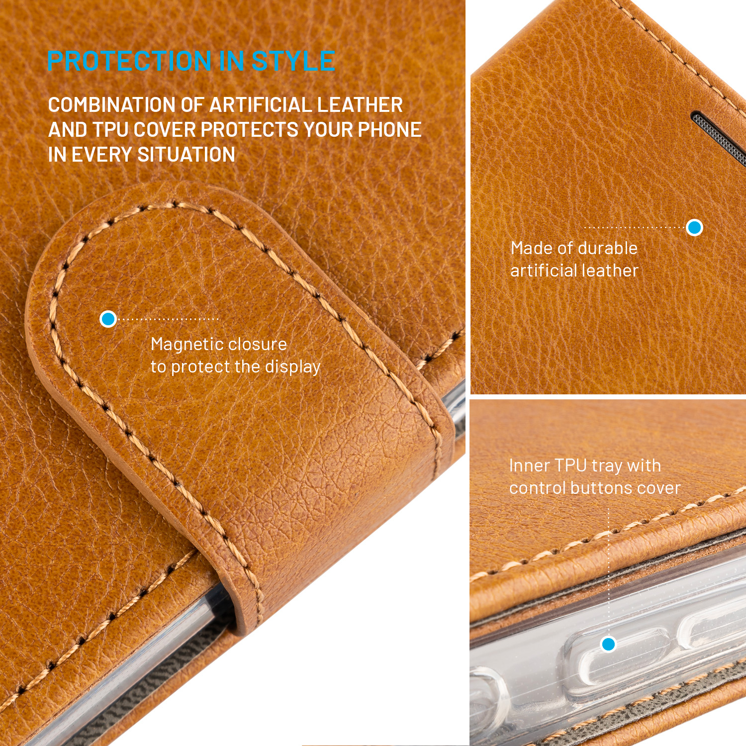 Braune Handytasche aus Leder mit Magnetverschluss, strapazierfähiger Textur und innerer TPU-Schale mit Tastenschutz.