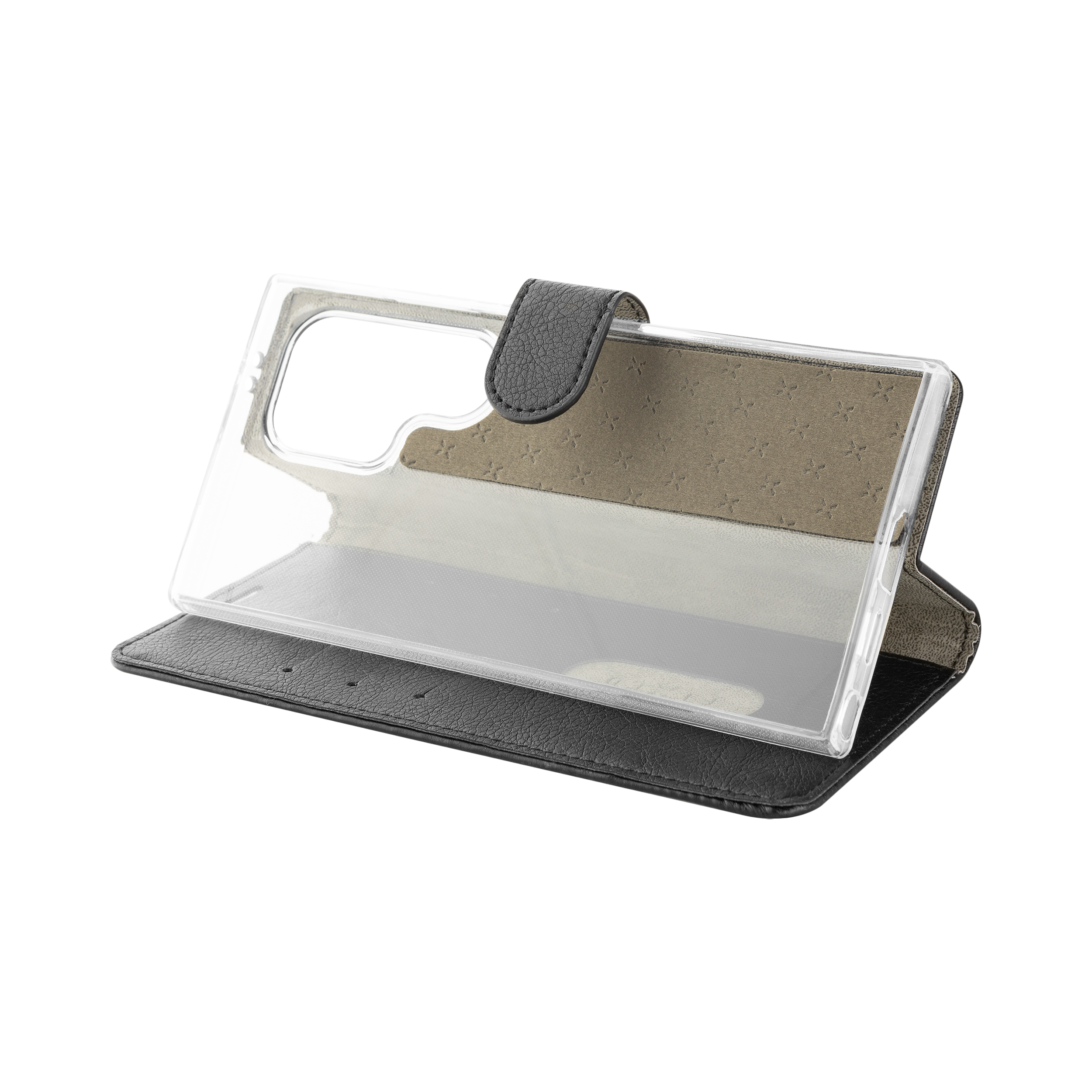 Eine schwarze Klapp-Handyhülle aus Leder mit transparenter Innenhülle auf weißem Hintergrund.