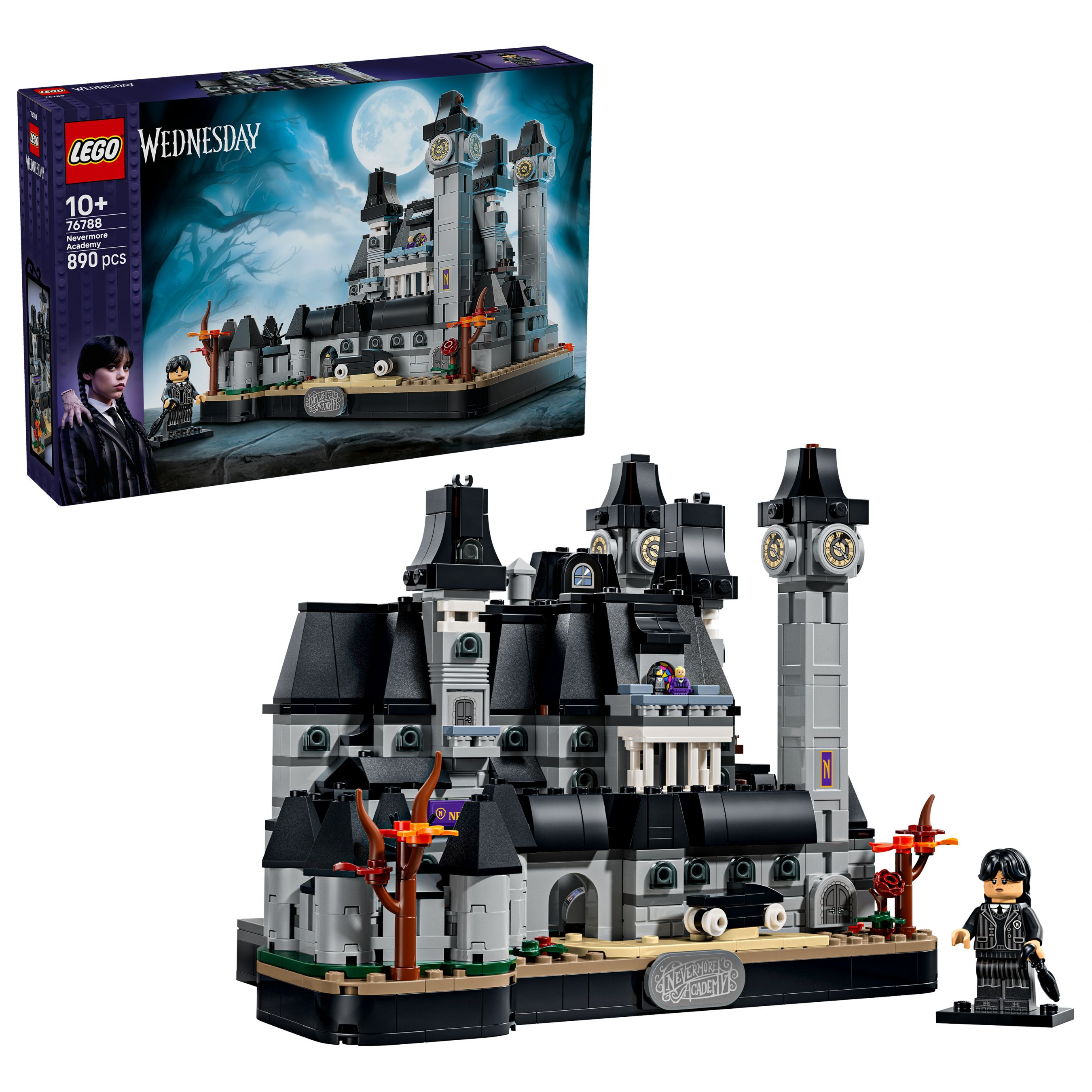 Siyah ve gri şatolu, kutulu ve Wednesday minifigürlü Lego Nevermore Academy seti.