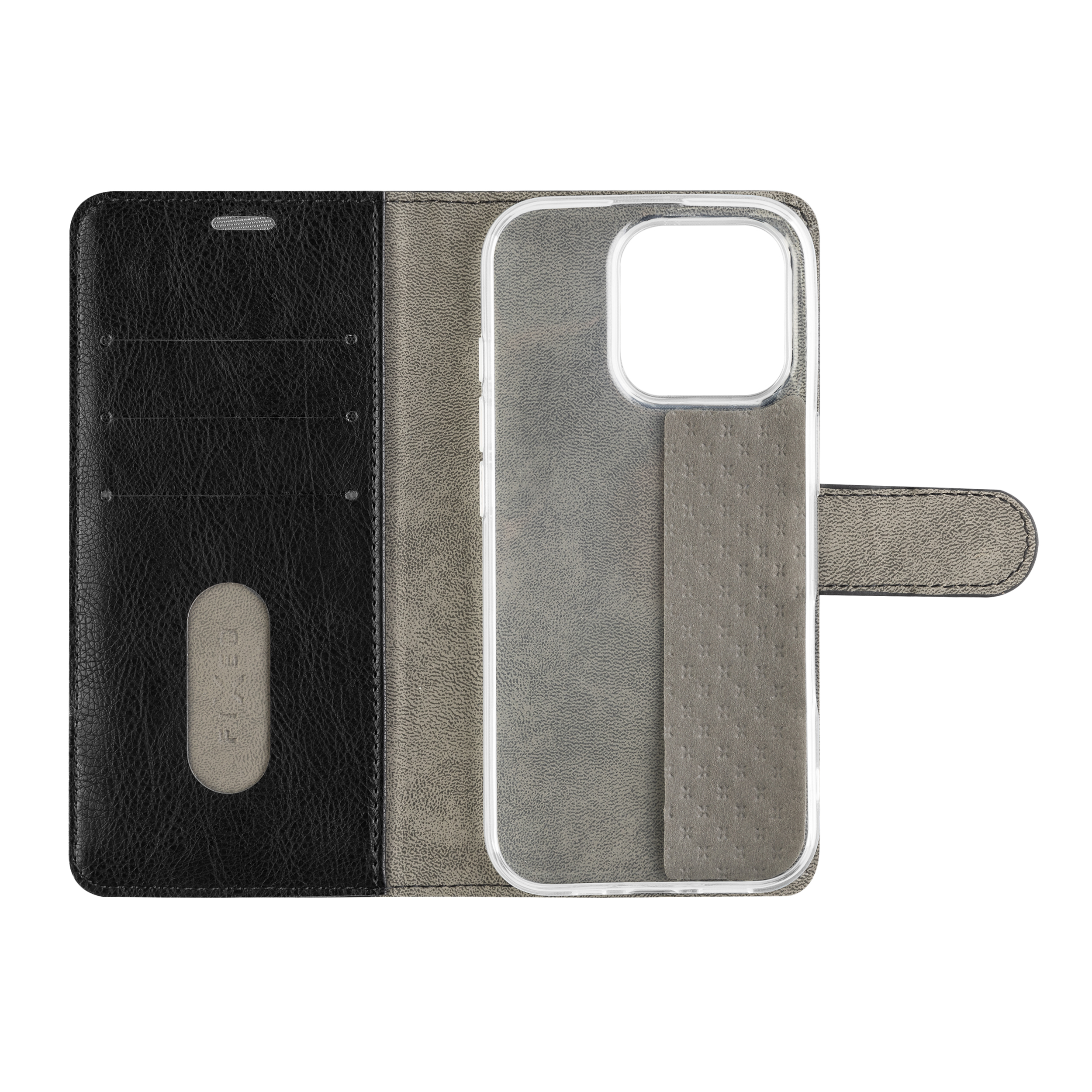 Offene schwarz-graue Handyhülle aus Leder mit Kartenfächern und transparenter Schale.