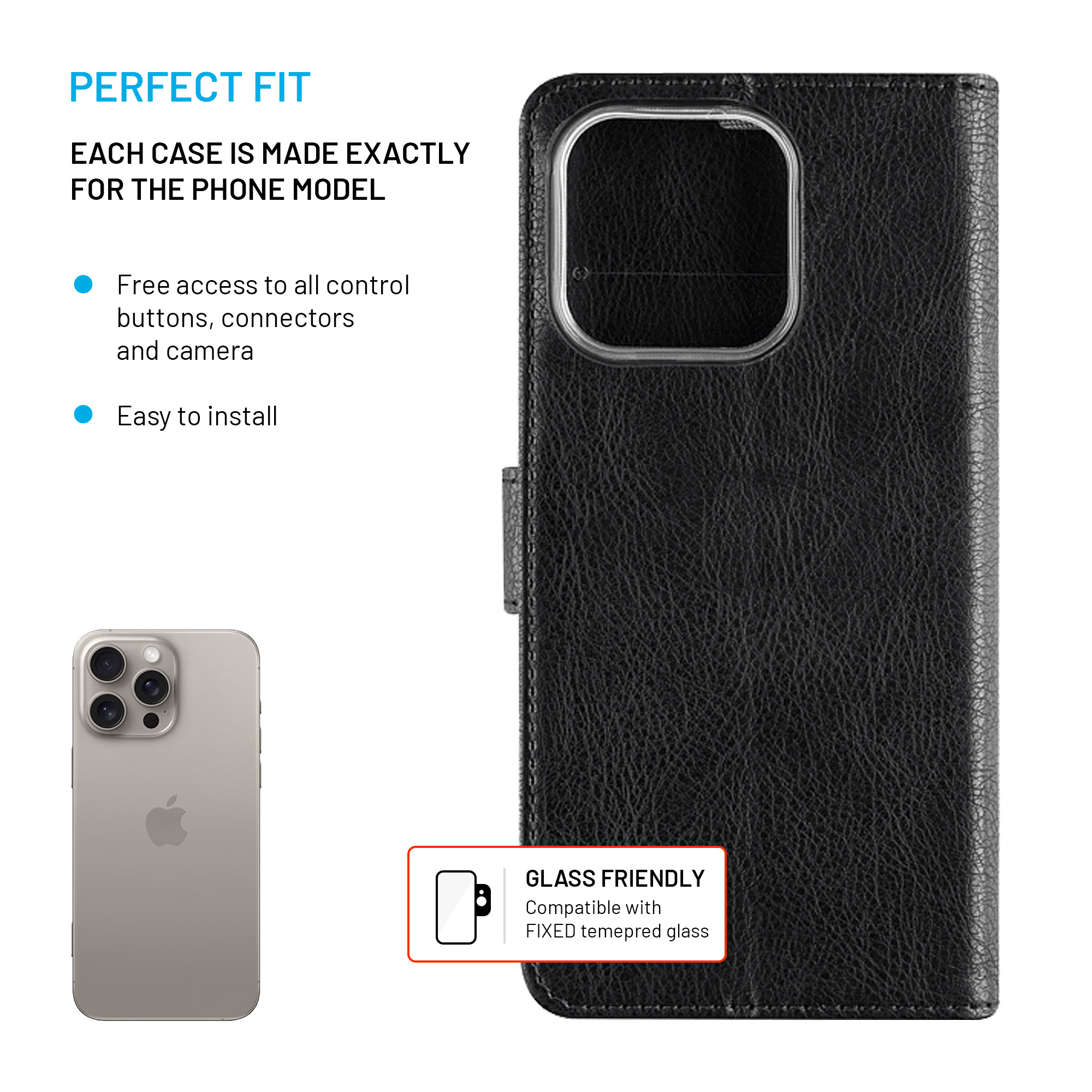 Eine schwarze Leder-Handyhülle neben einem Smartphone, mit Text über perfekte Passform und Glasverträglichkeit.