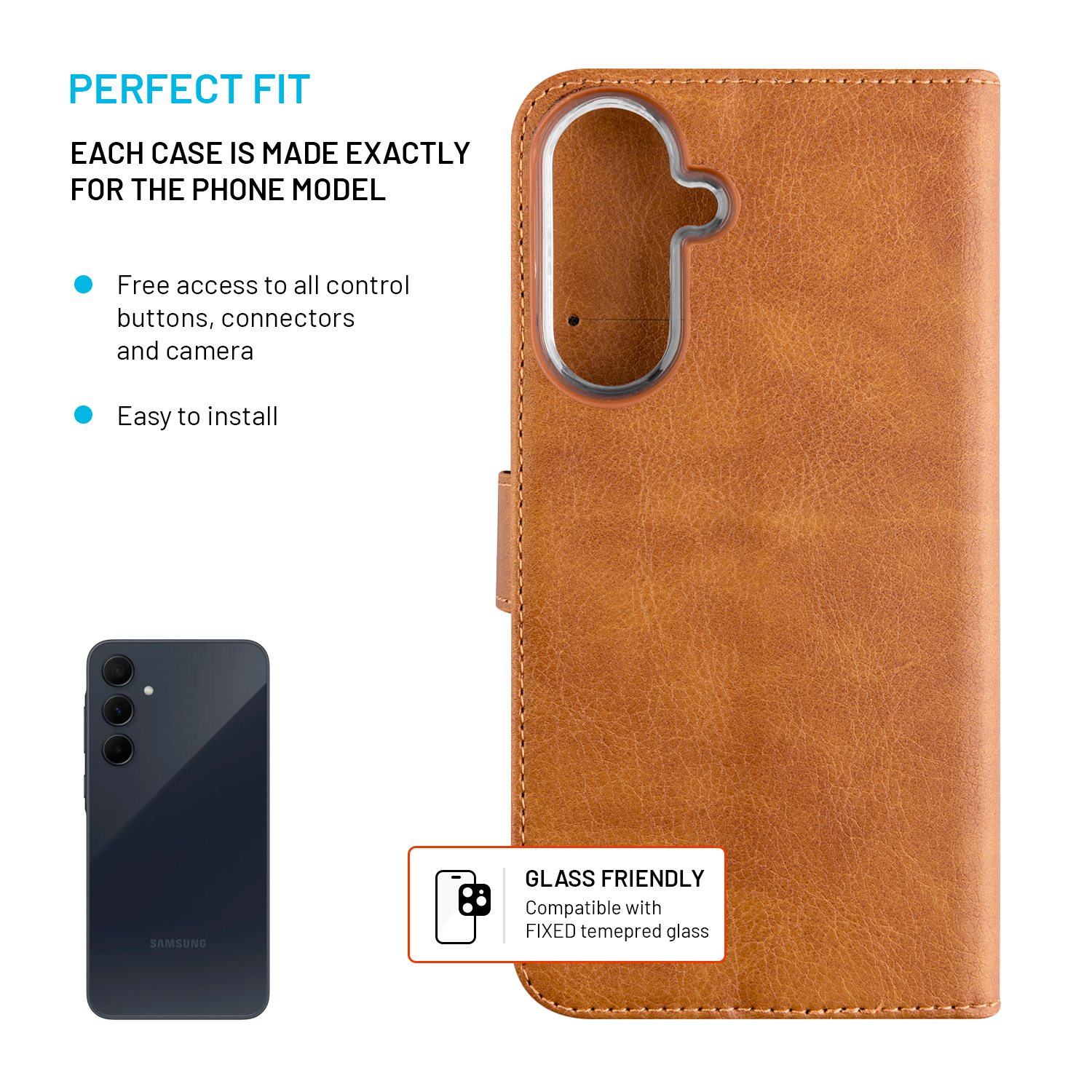 Braune Lederhandytasche mit Kameraausschnitt, Samsung-Handy und Text über perfekten Sitz.