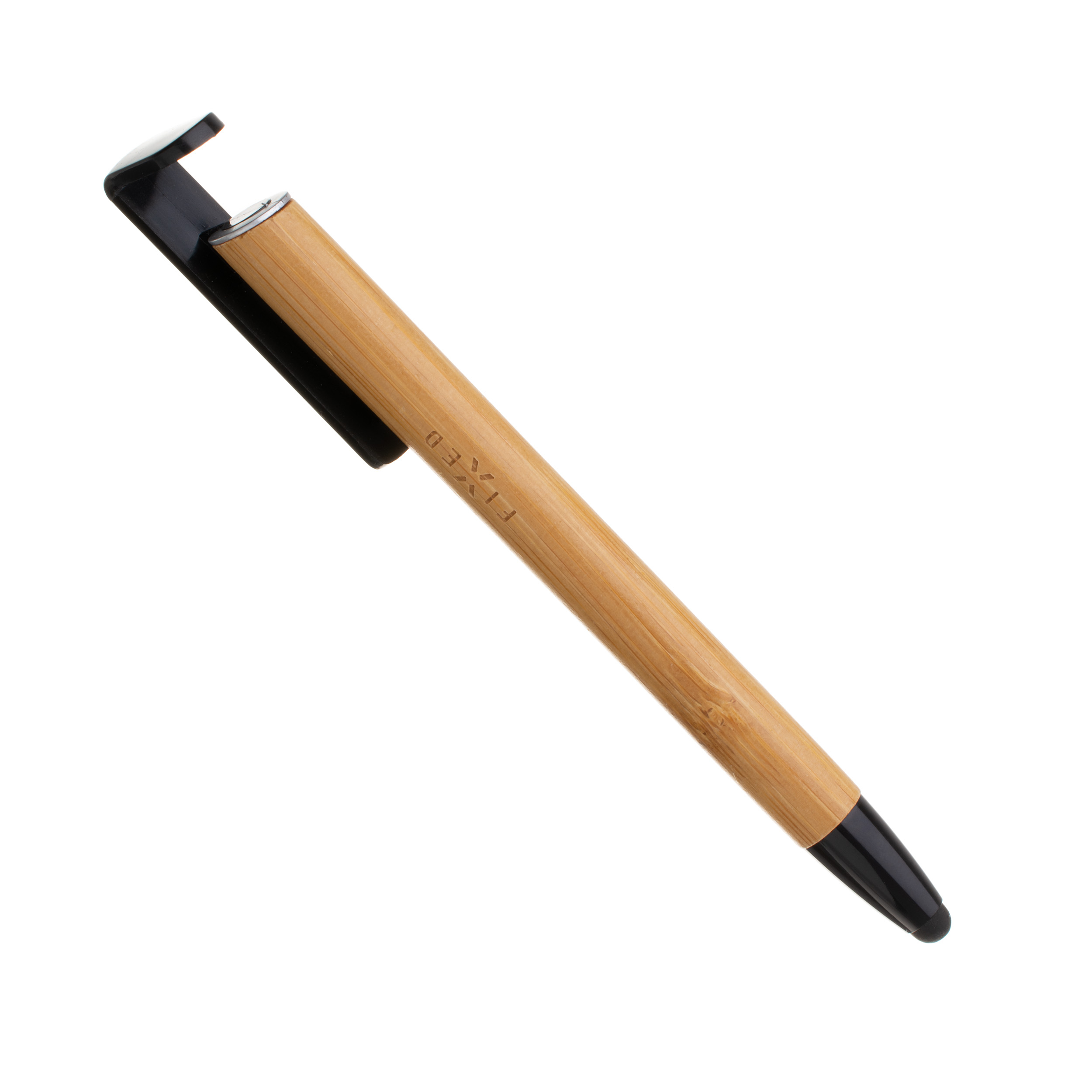 Holzfarbener Kugelschreiber mit schwarzem Clip und Spitze auf weißem Hintergrund.