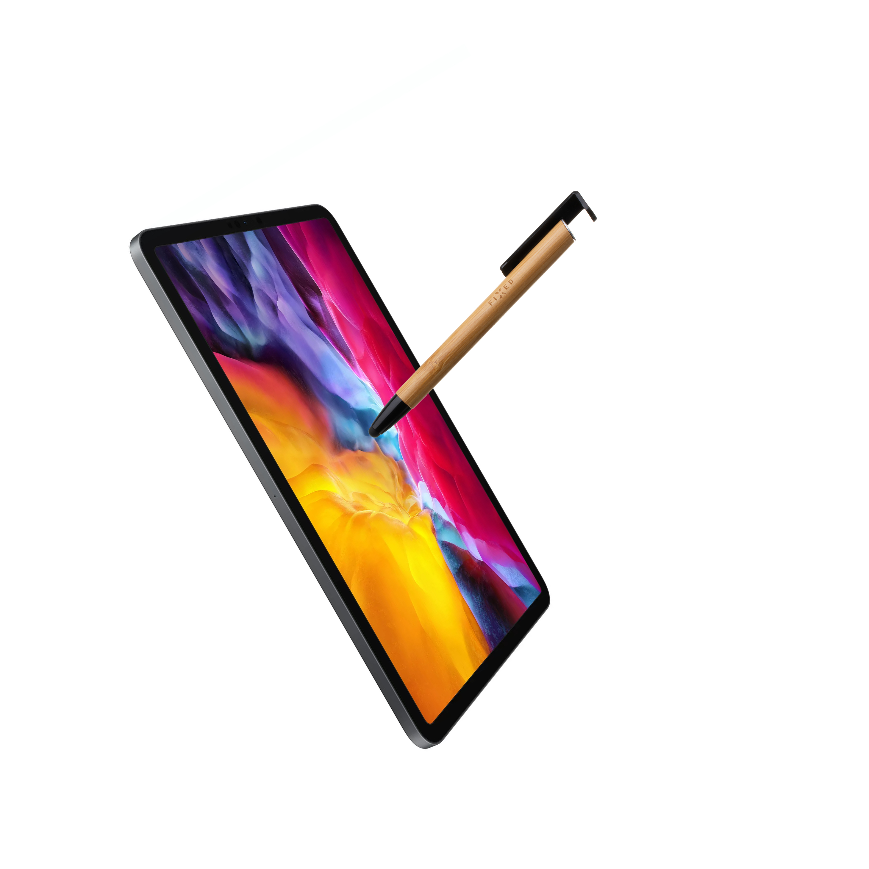 Ein Tablet mit buntem Bildschirm und einem Holistift darüber, freigestellt auf weiß.