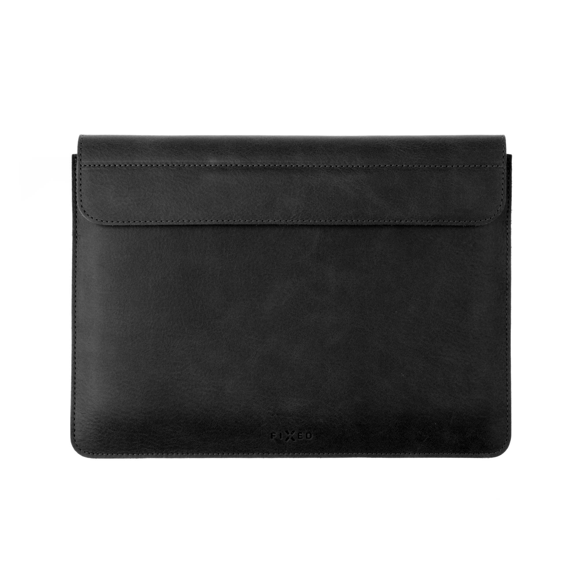Eine geschlossene schwarze Laptoptasche aus Leder mit einer geraden Klappe und dem eingeprägten Markennamen FIXED unten.
