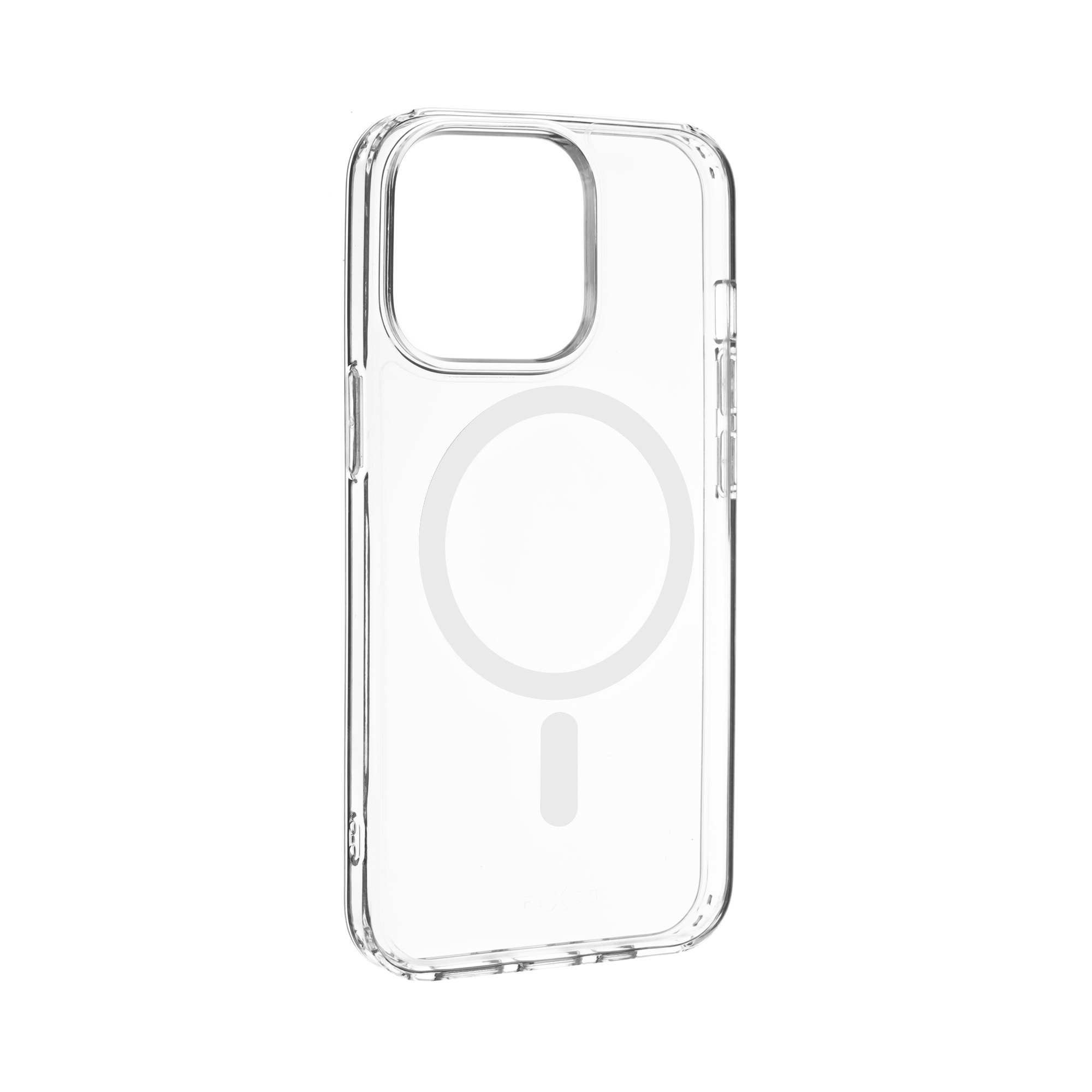 Transparente Smartphone-Hülle mit MagSafe-Ring auf weißem Hintergrund.