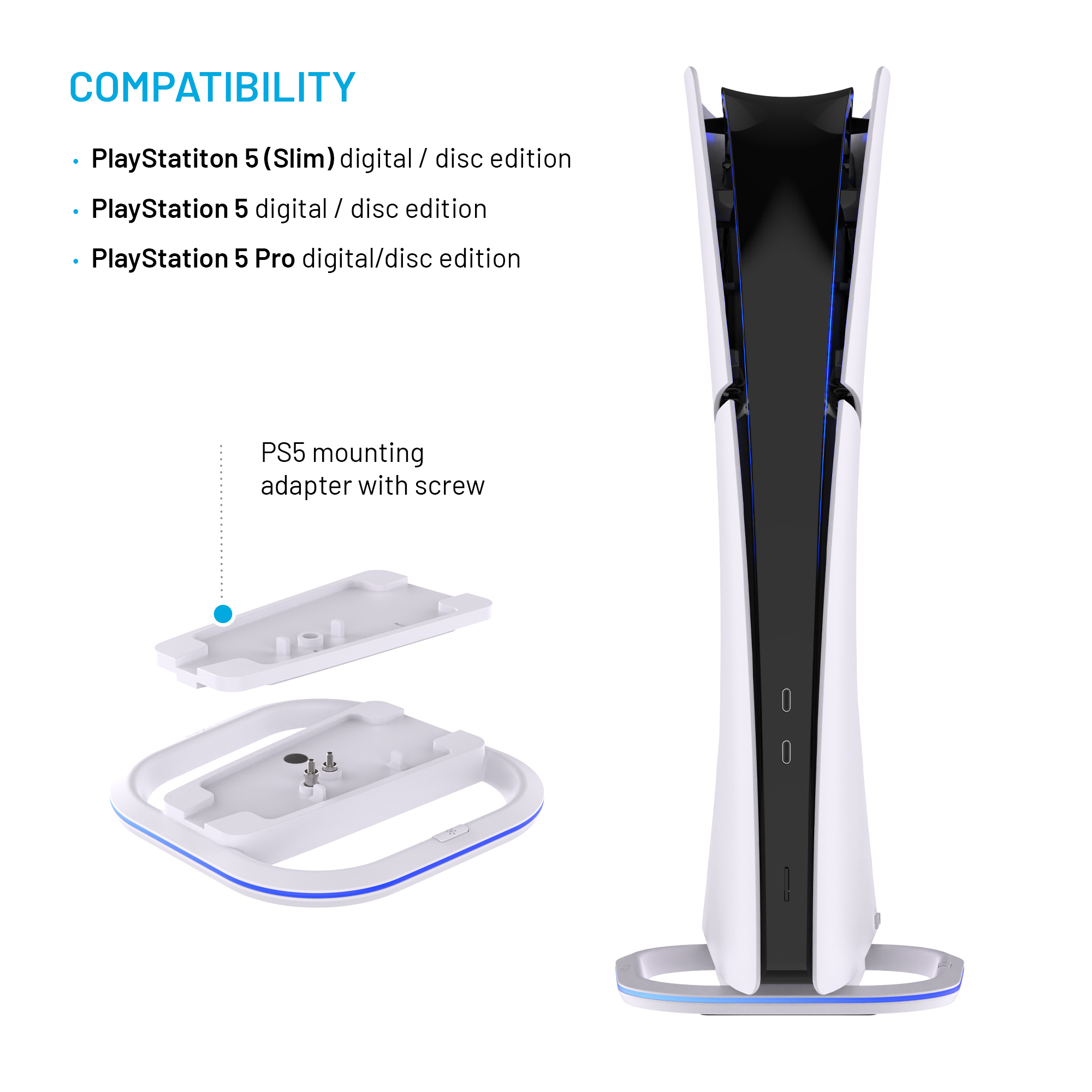 PS5-Konsolenständer mit Montageadapter und Kompatibilitätsliste.