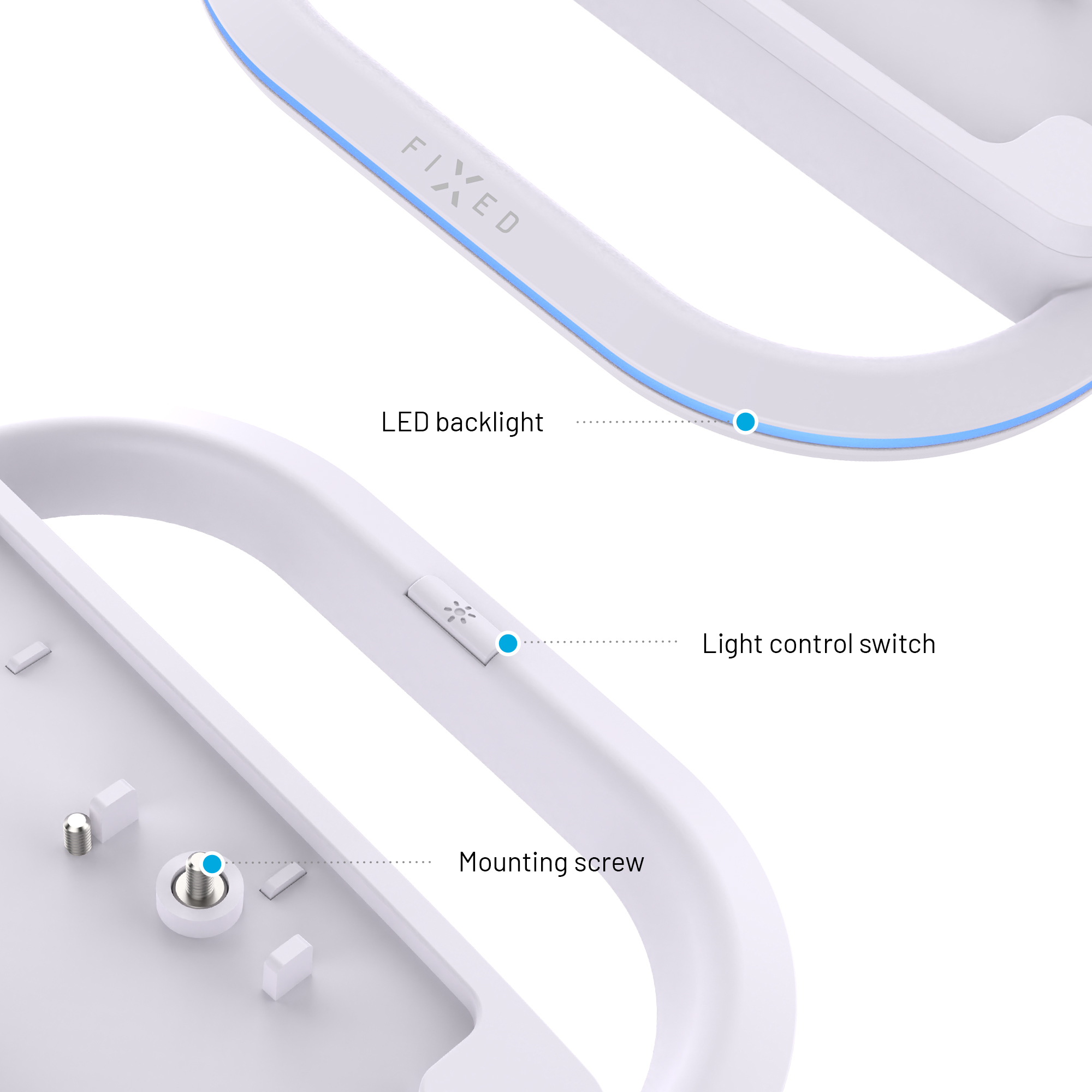 Diagramm zeigt LED-Hintergrundbeleuchtung, Lichtschalter und Befestigungsschraube.