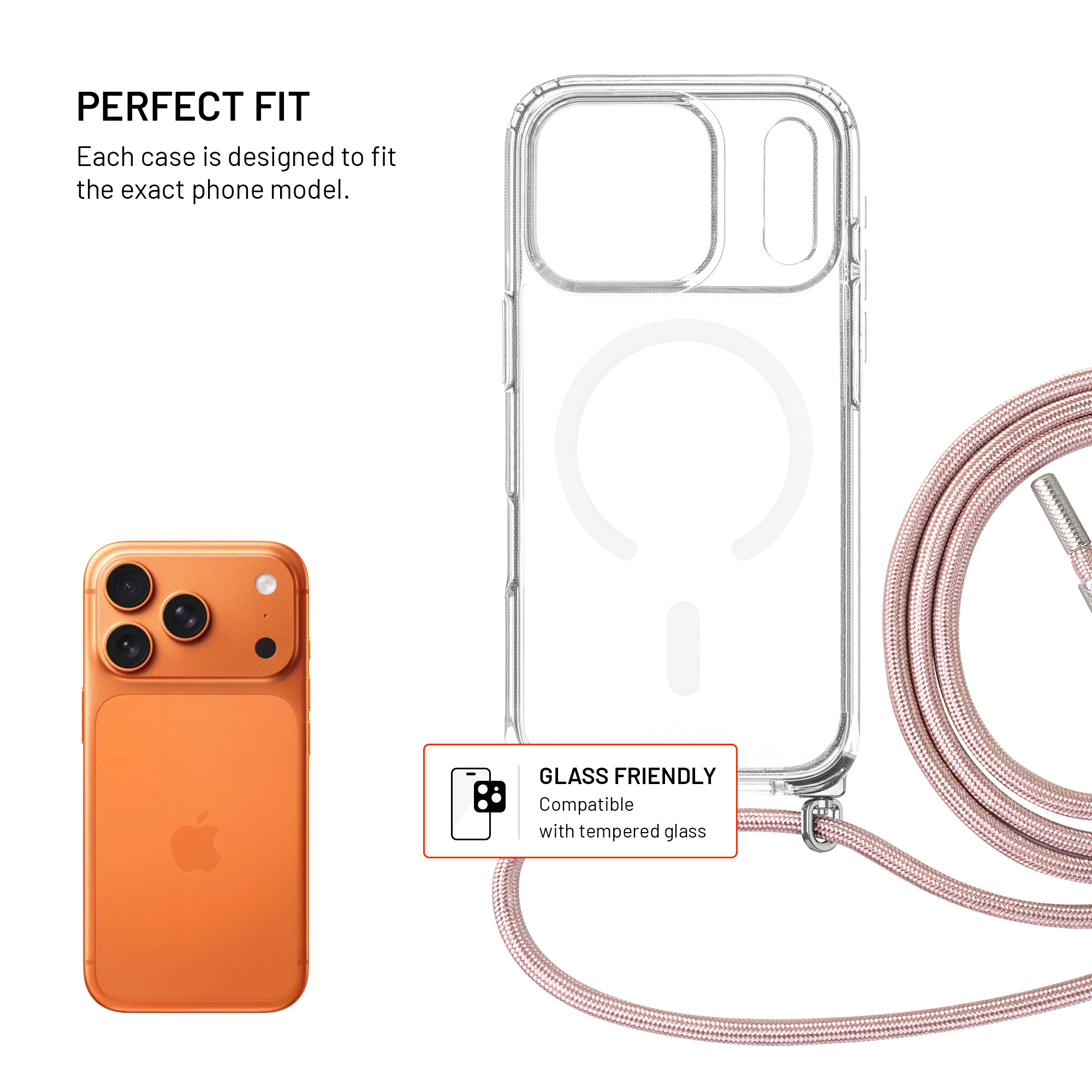 Transparente Handyhülle, oranger Smartphone-Rücken und ein roségoldenes Kordelband mit Text.