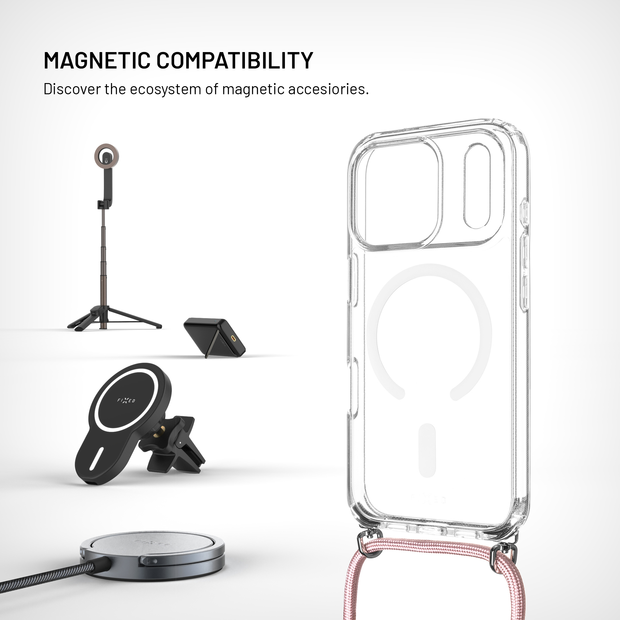 Transparente Handyhülle mit rosafarbenem Band und magnetischem Zubehör auf weißem Hintergrund.