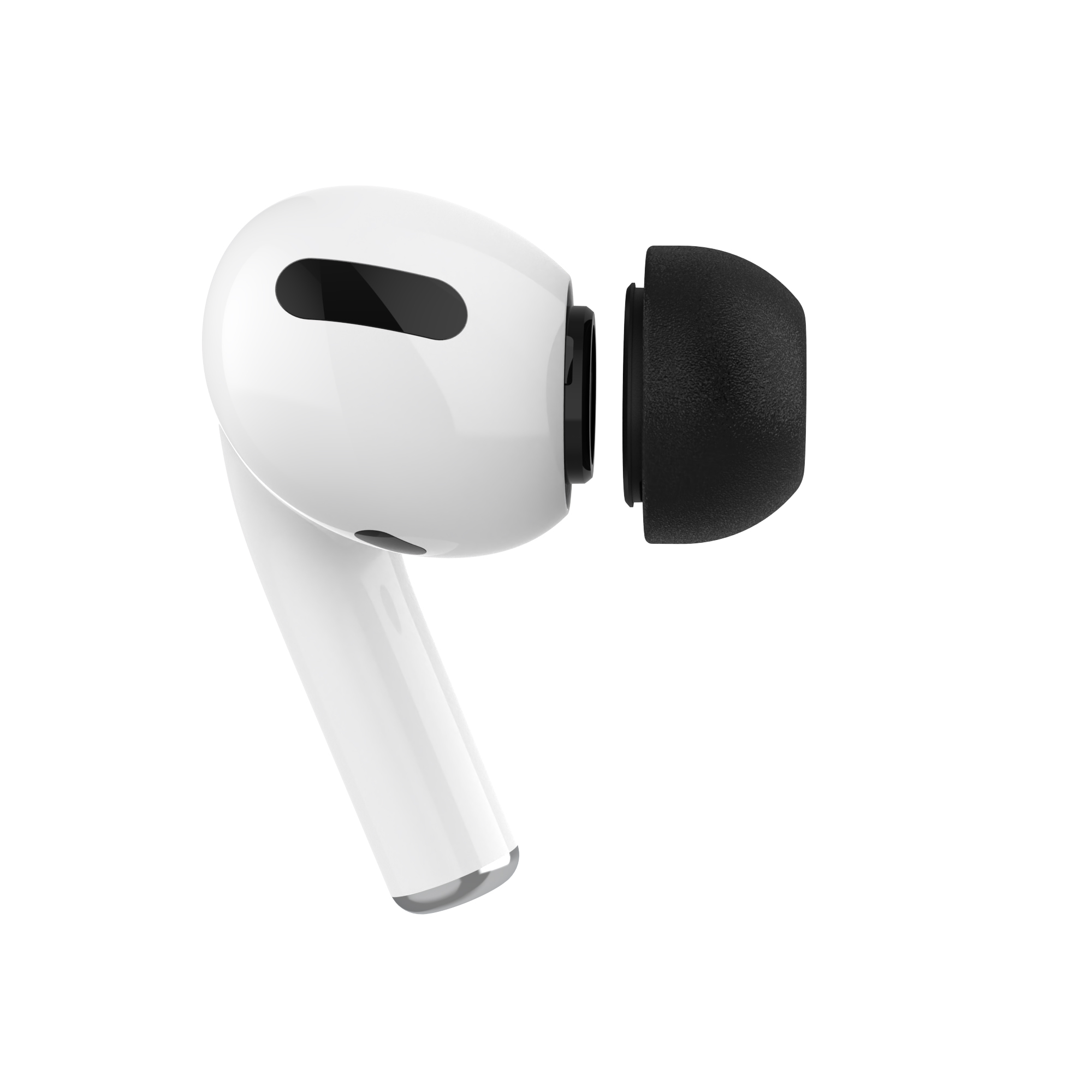 Ein weißer In-Ear-Kopfhörer mit einem abgetrennten schwarzen Silikonaufsatz auf weißem Hintergrund.