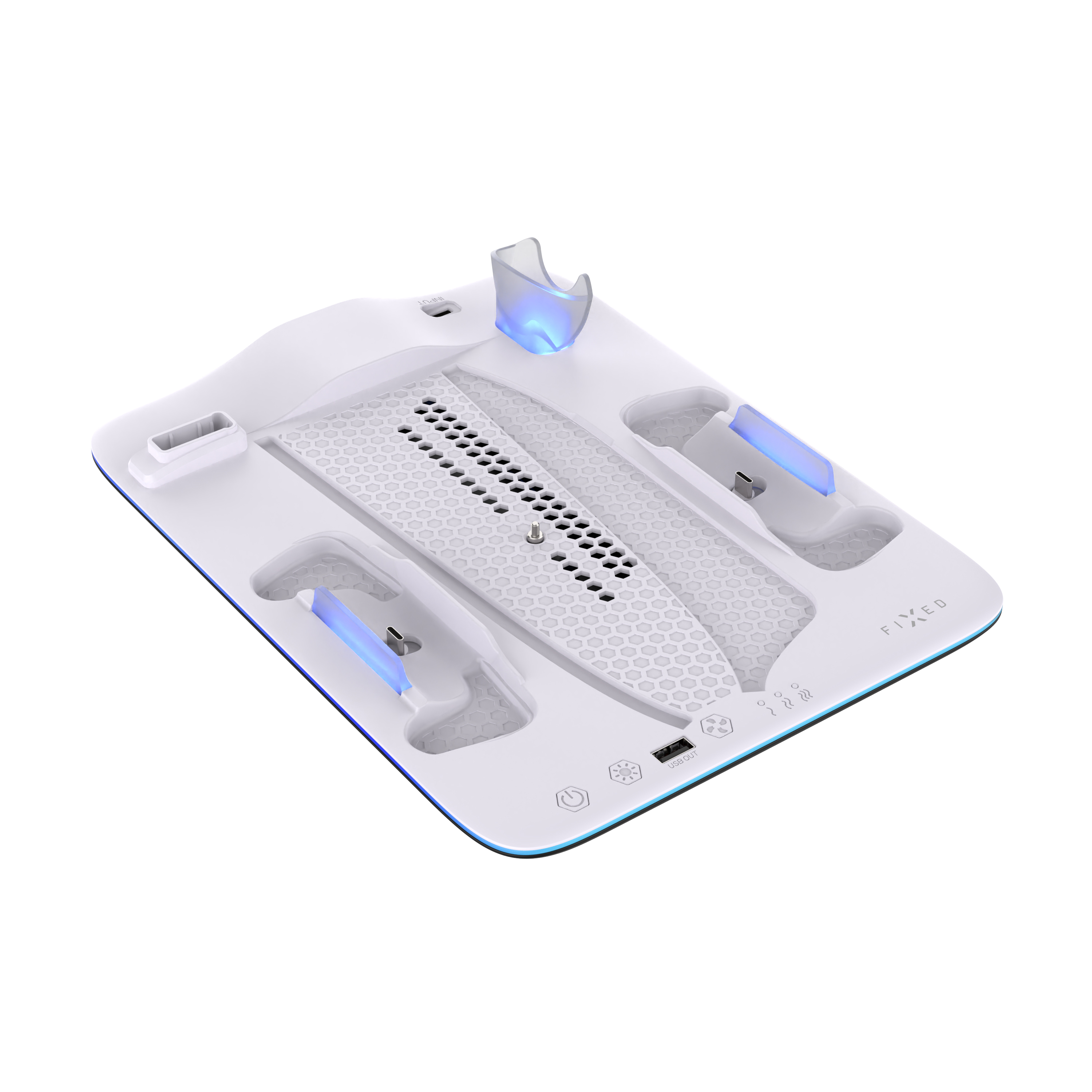 Weißer Elektronikständer mit USB-C-Anschlüssen, blauer Beleuchtung und Netzstruktur.