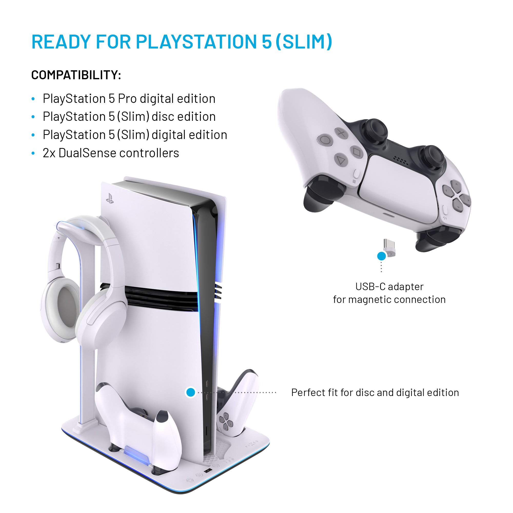 PlayStation 5 (Slim) Standfuß mit Controller-Ladestation, Kopfhörerhalter und USB-C-Adapter für magnetischen Anschluss.