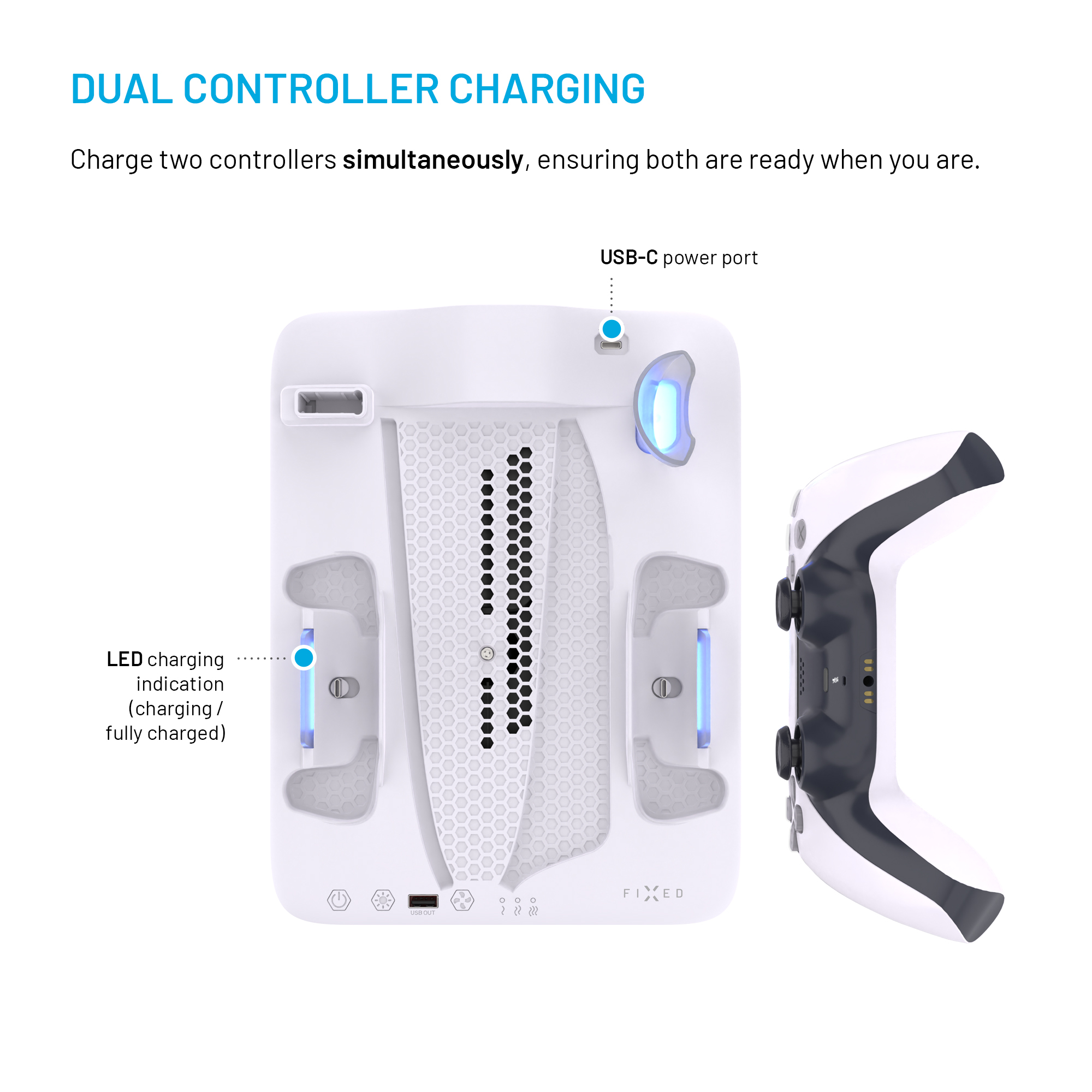 Dual-Ladestation für Controller mit USB-C-Anschluss und LED-Anzeige.