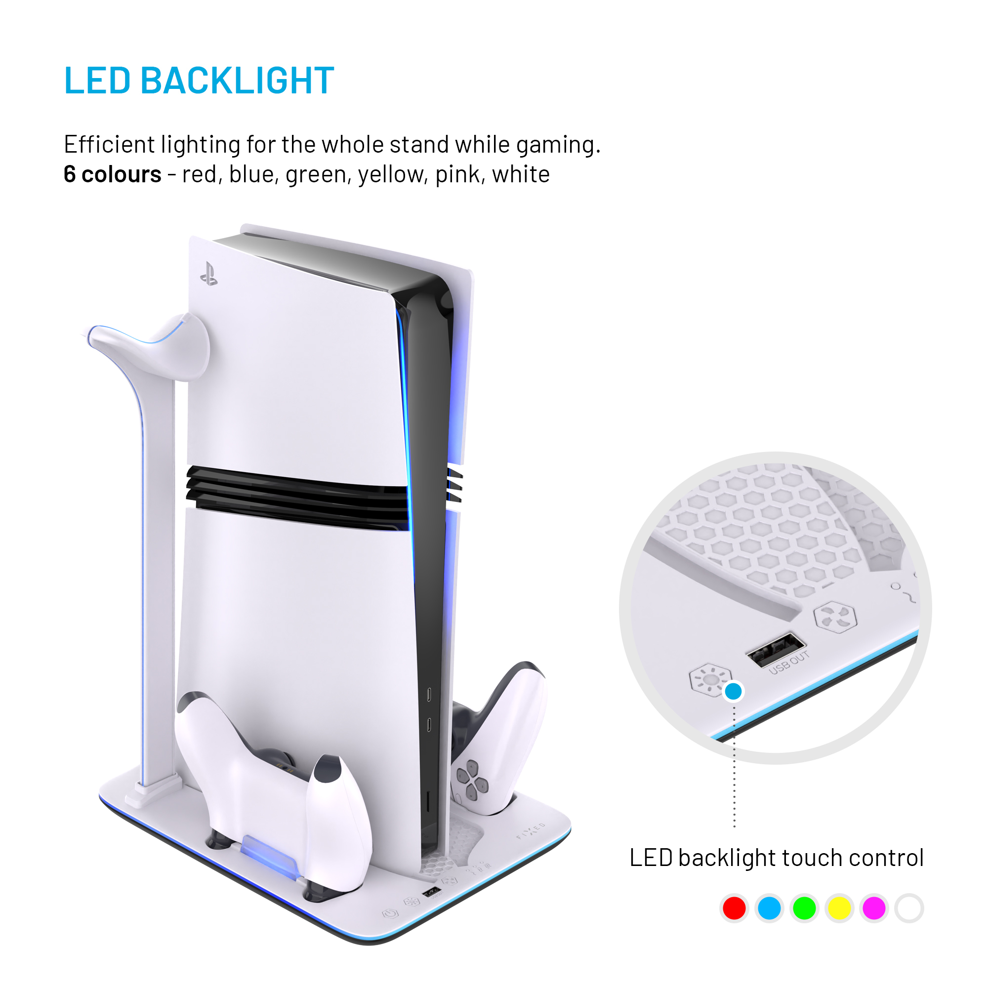 PS5-Kühlständer mit LED-Hintergrundbeleuchtung, Controller-Ladeplätzen und Touch-Steuerung, sechs Farboptionen.