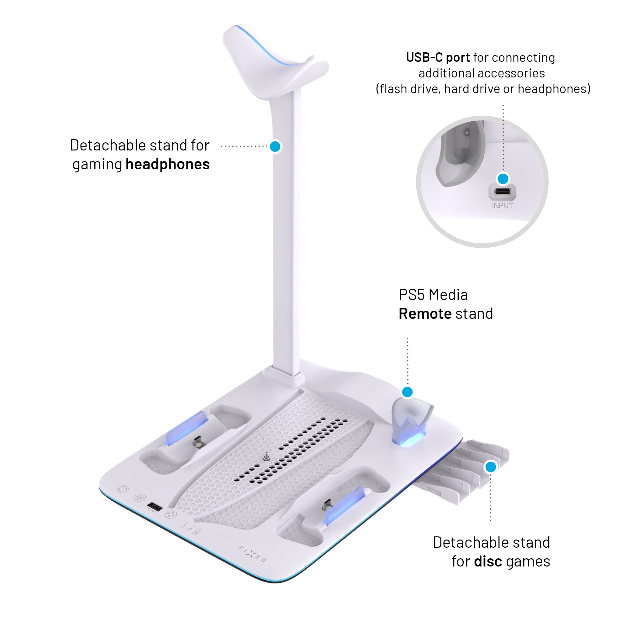 Weißer PS5-Kühlständer mit Kopfhörerhalter, Medienfernbedienungs-Dock, USB-C-Anschluss und Spielehalter.