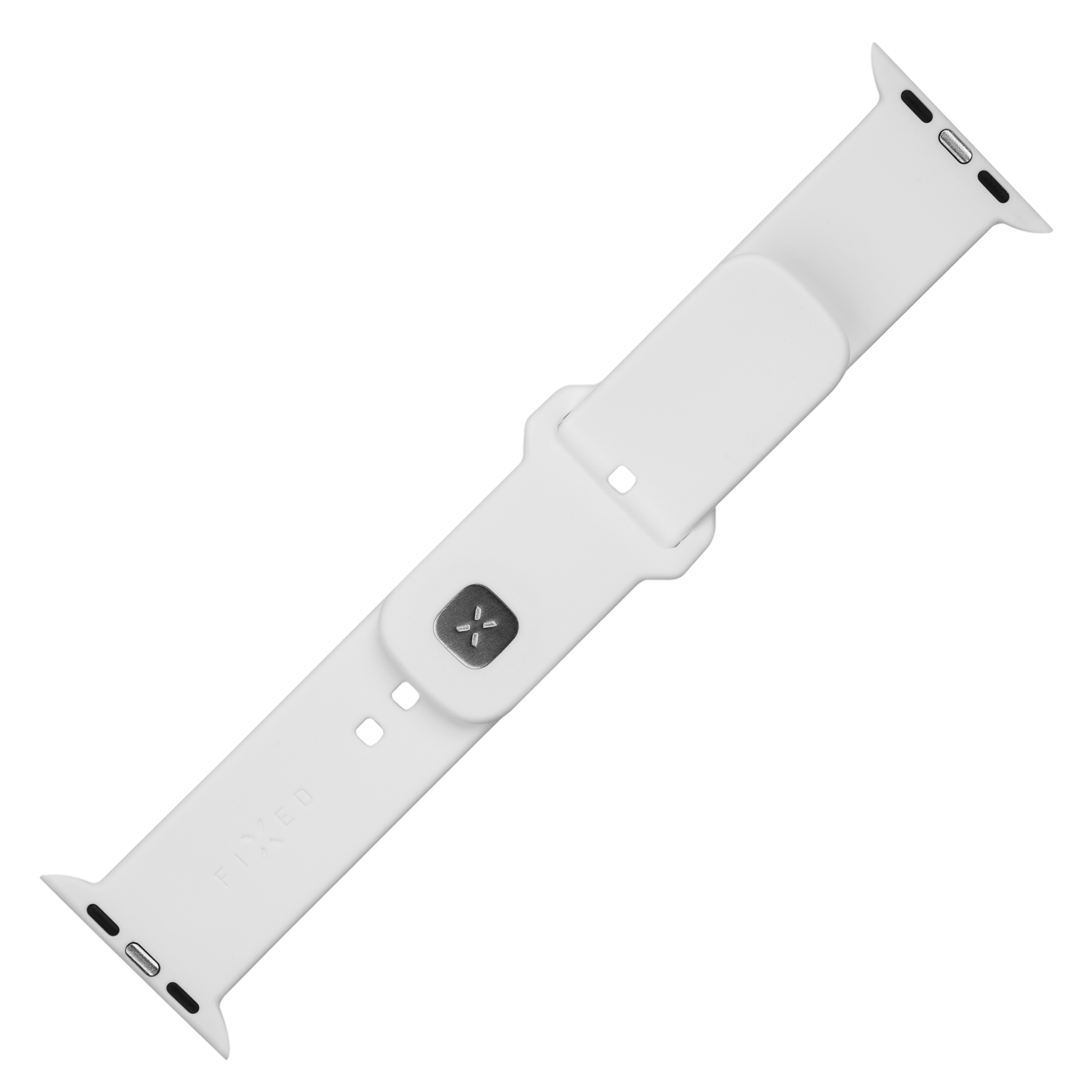 Ein weißes Silikon-Ersatzarmband für die Apple Watch liegt diagonal auf weißem Hintergrund.