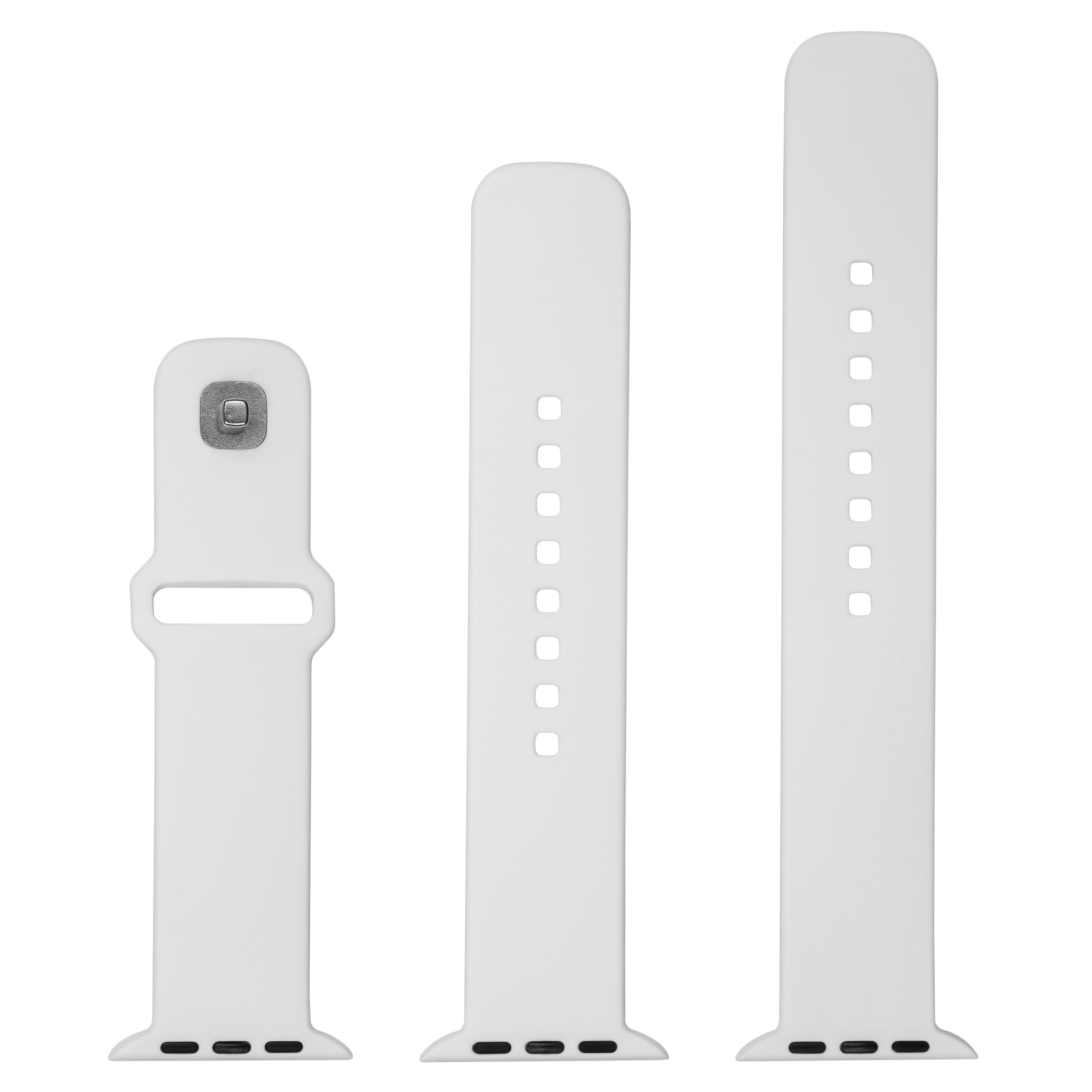 Drei weiße Silikon-Smartwatch-Ersatzarmbänder in verschiedenen Längen auf weißem Hintergrund.