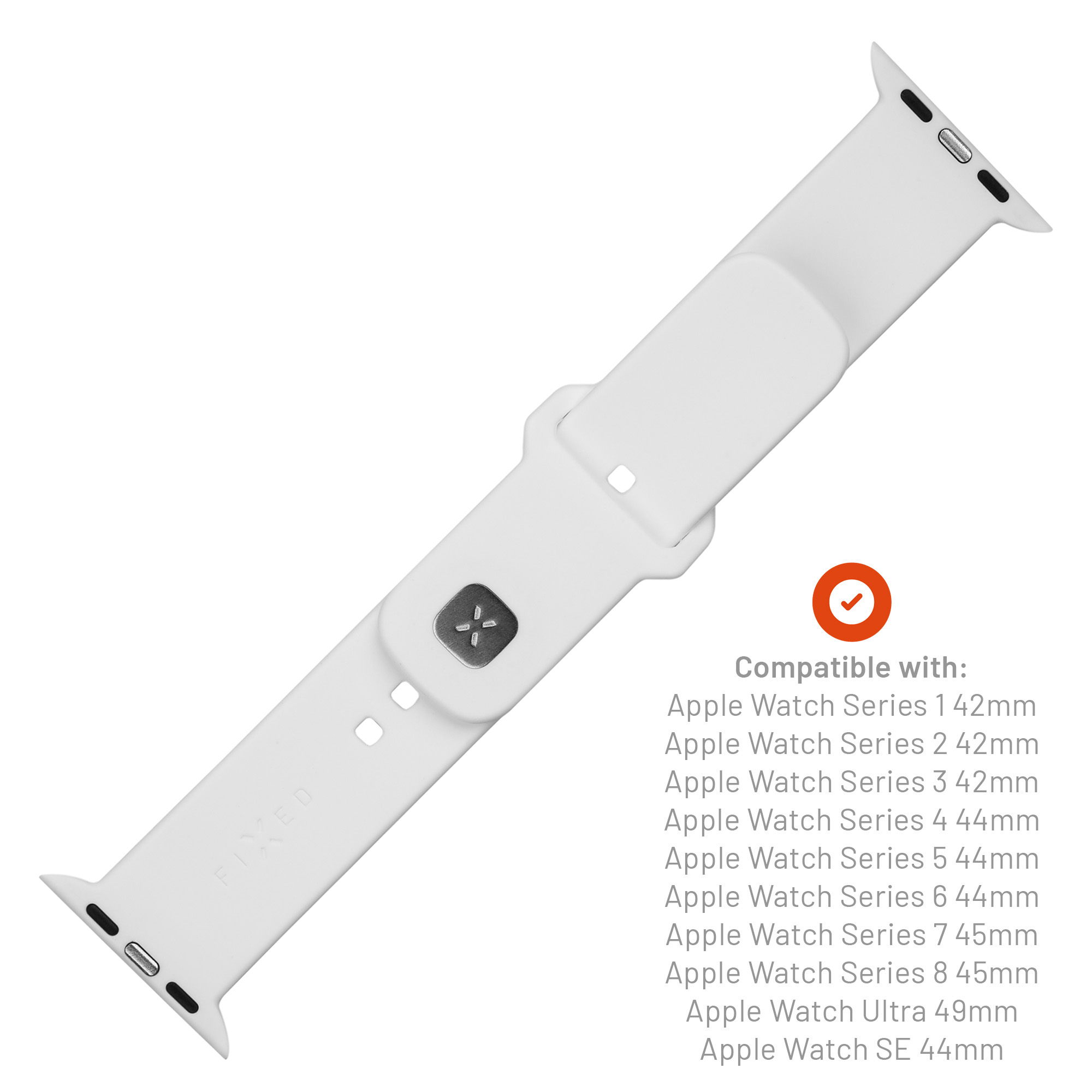 Ein weißes Apple Watch Armband mit Kompatibilitätsliste rechts.