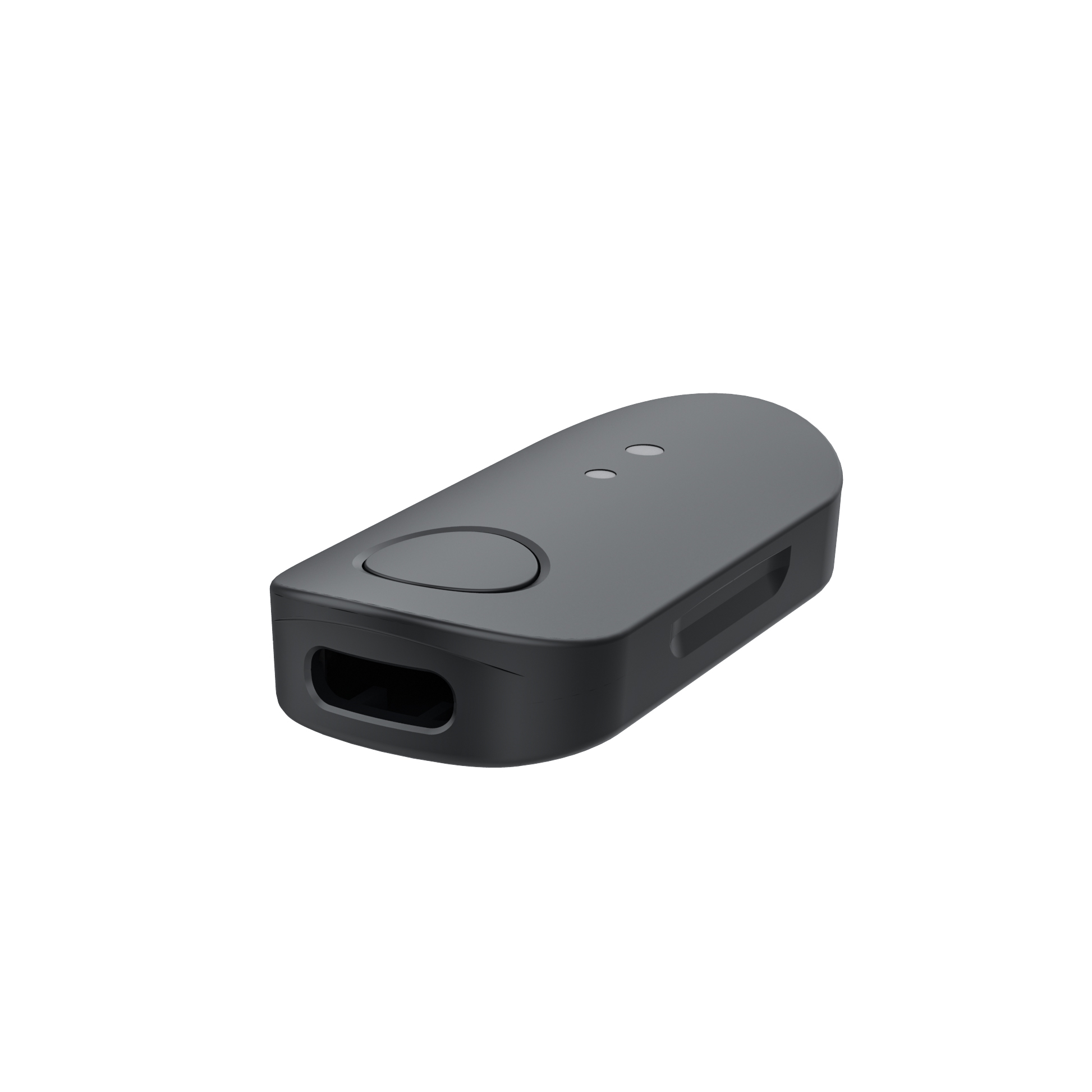 Ein längliches, schwarzes Gadget mit abgerundeten Ecken, einer großen Taste und zwei kleinen LEDs auf einer weißen Hintergrund.