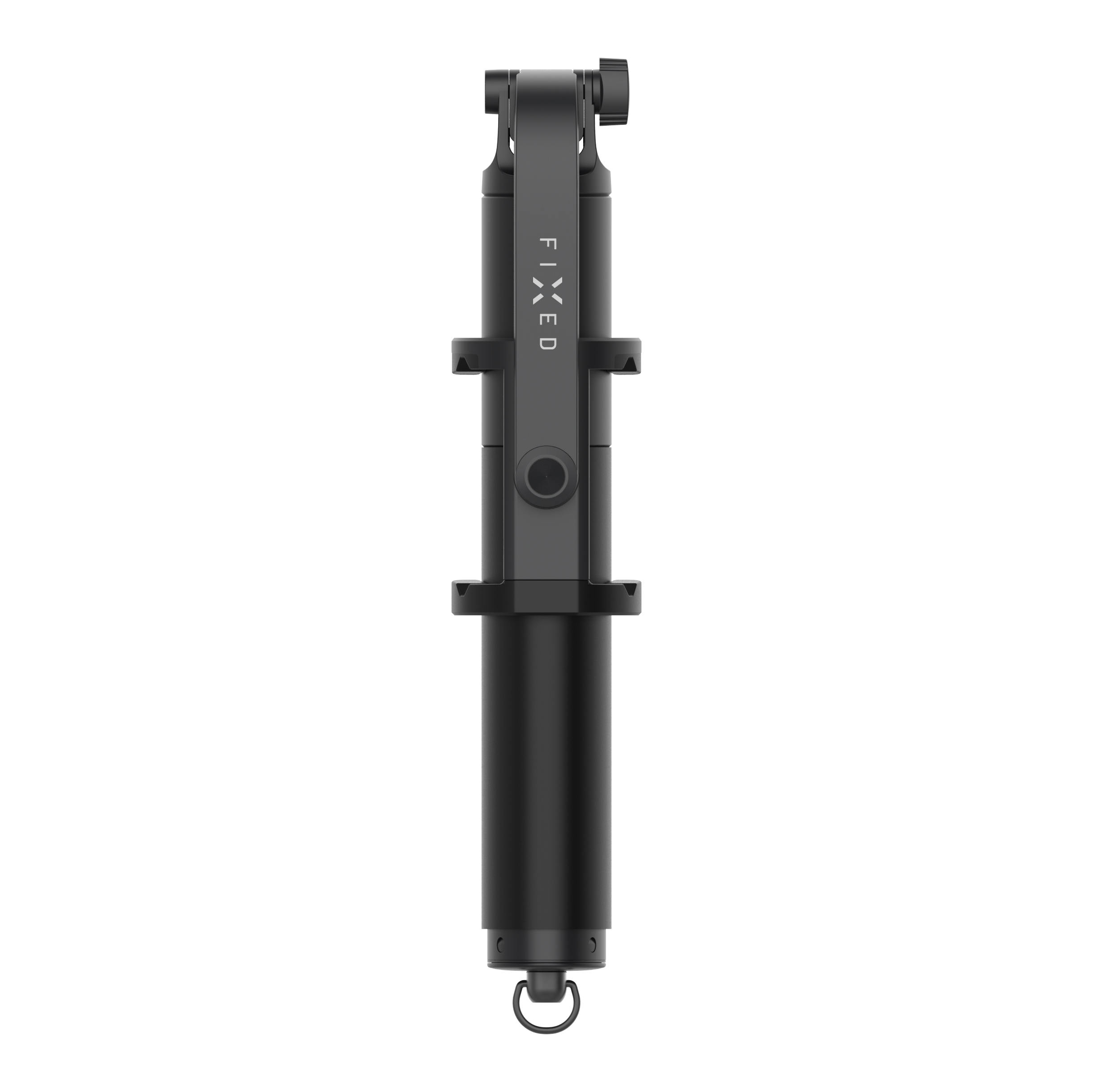 Ein schwarzer Selfie-Stick mit der Aufschrift FIXED, klappbaren Halterungen und einer Handschlaufe am Ende.