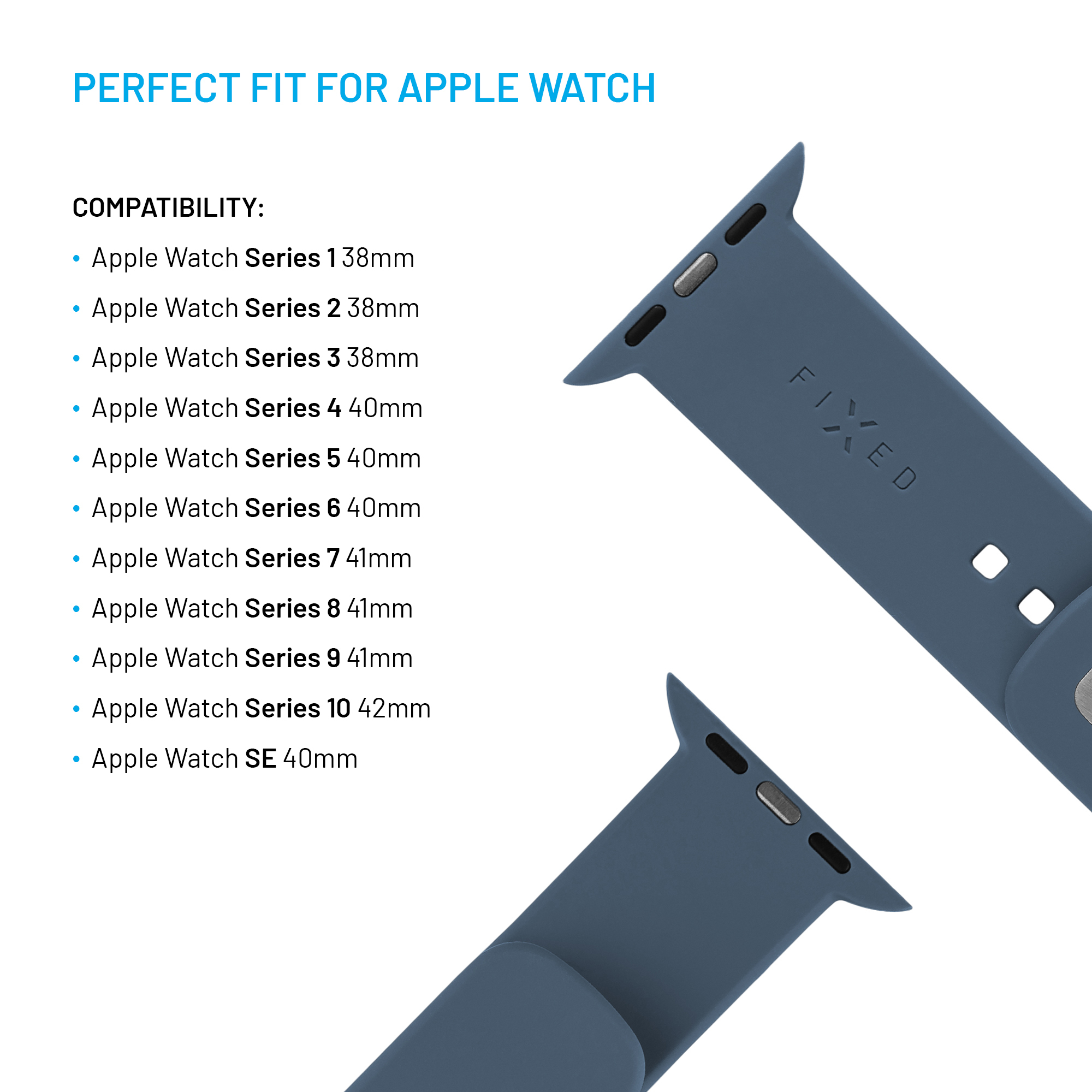 Kompatibilitätsliste für Apple Watch und zwei blaue Silikon-Uhrenarmbänder auf weißem Hintergrund.
