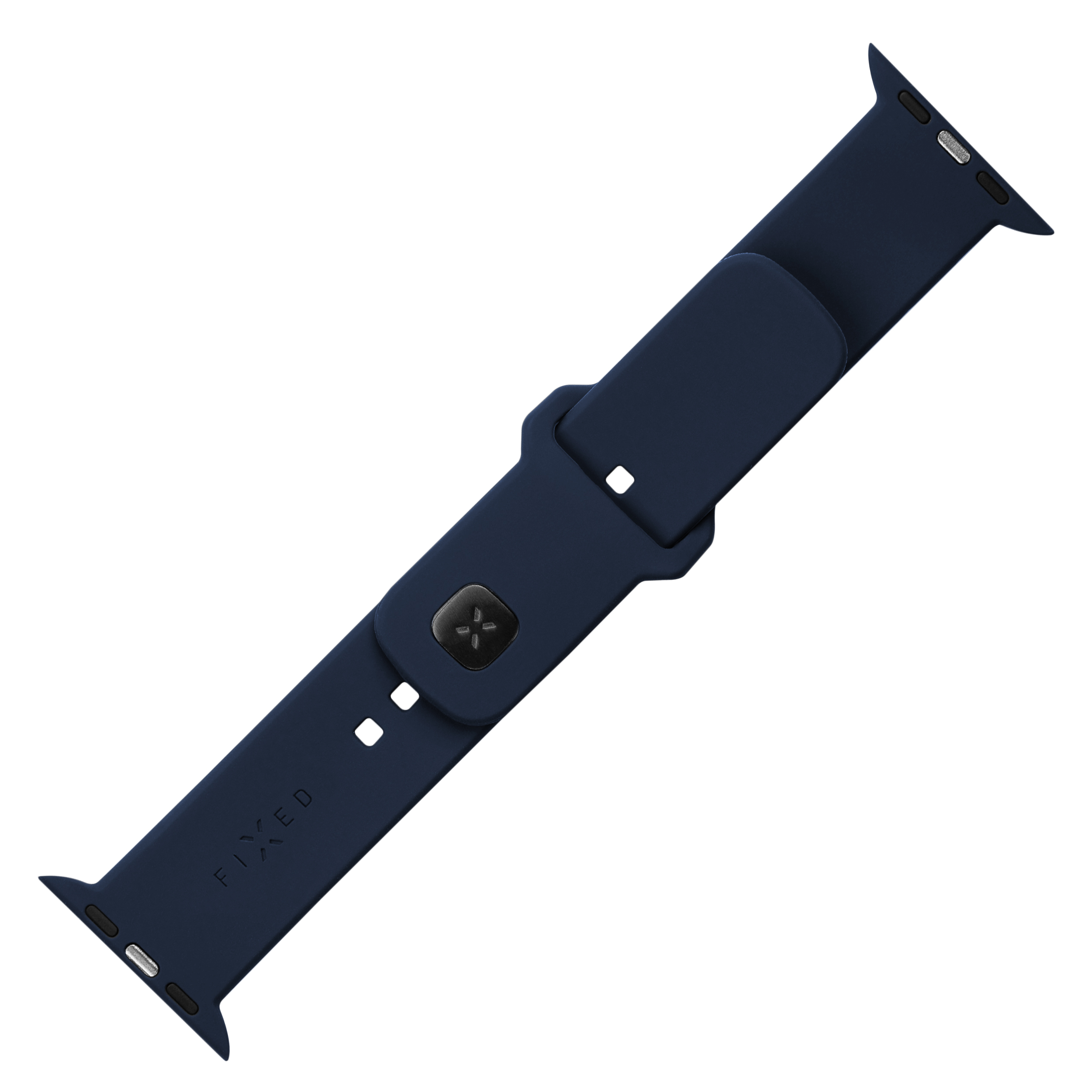 Ein dunkelblaues Silikon-Smartwatch-Armband auf weißem Hintergrund mit Stiftschließe und Metallanschlüssen.