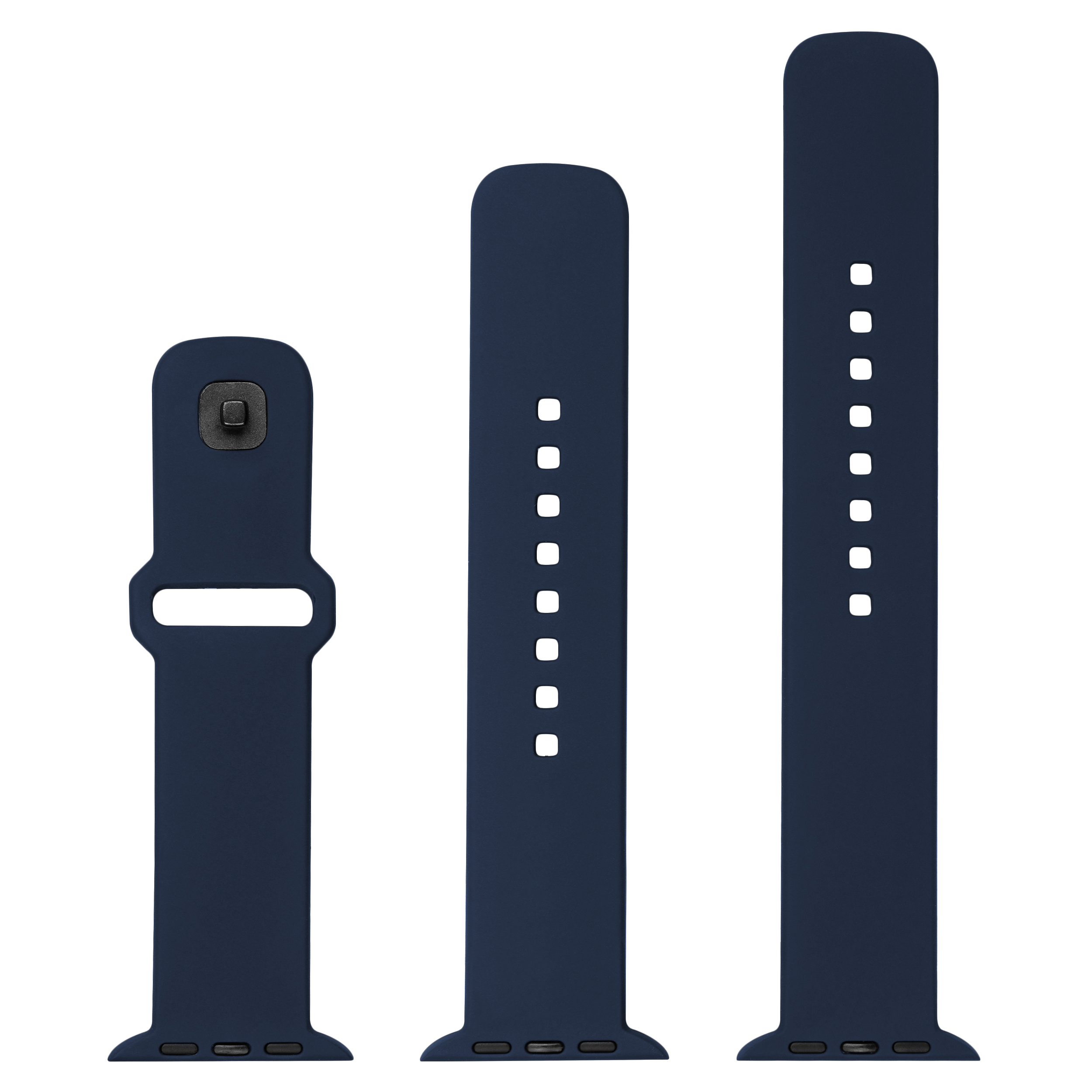 Drei dunkelblaue Silikon-Smartwatch-Armbänder in verschiedenen Größen vor weißem Hintergrund.