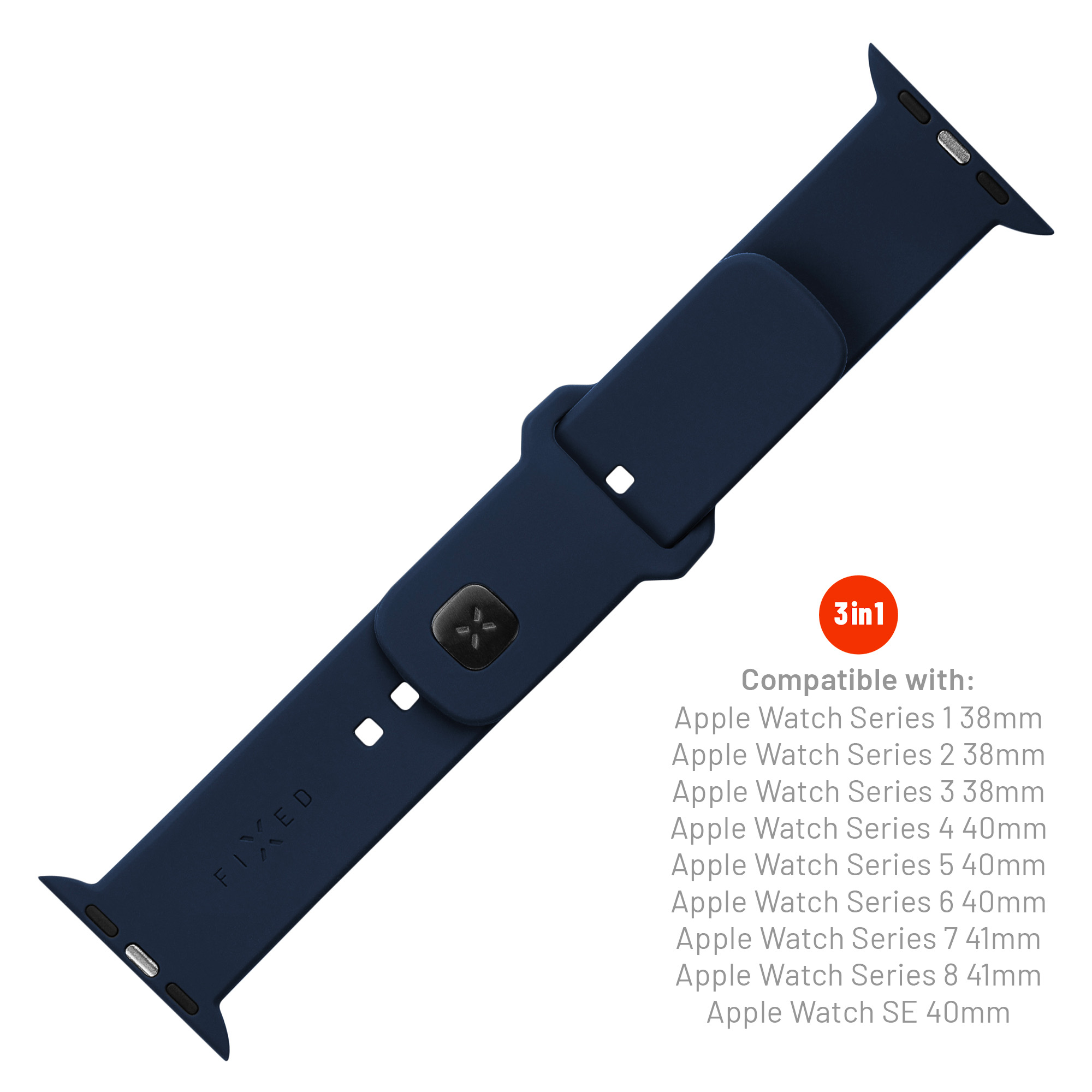 Dunkelblaues Apple Watch Silikonarmband mit schwarzem Knopf und Kompatibilitätsliste.