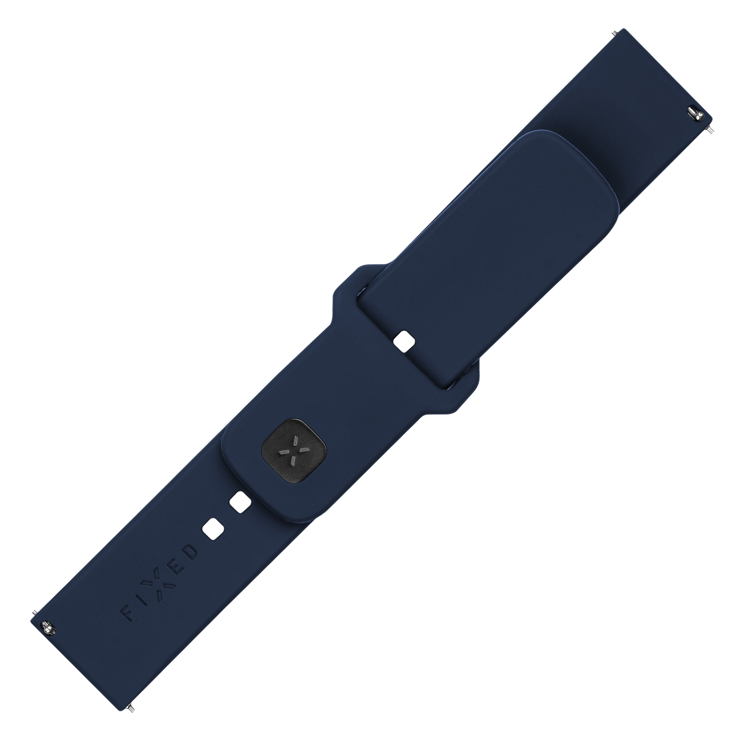 Ein dunkelblaues Silikon-Uhrenarmband mit Magnetverschluss und dem aufgedruckten Wort FIXED.