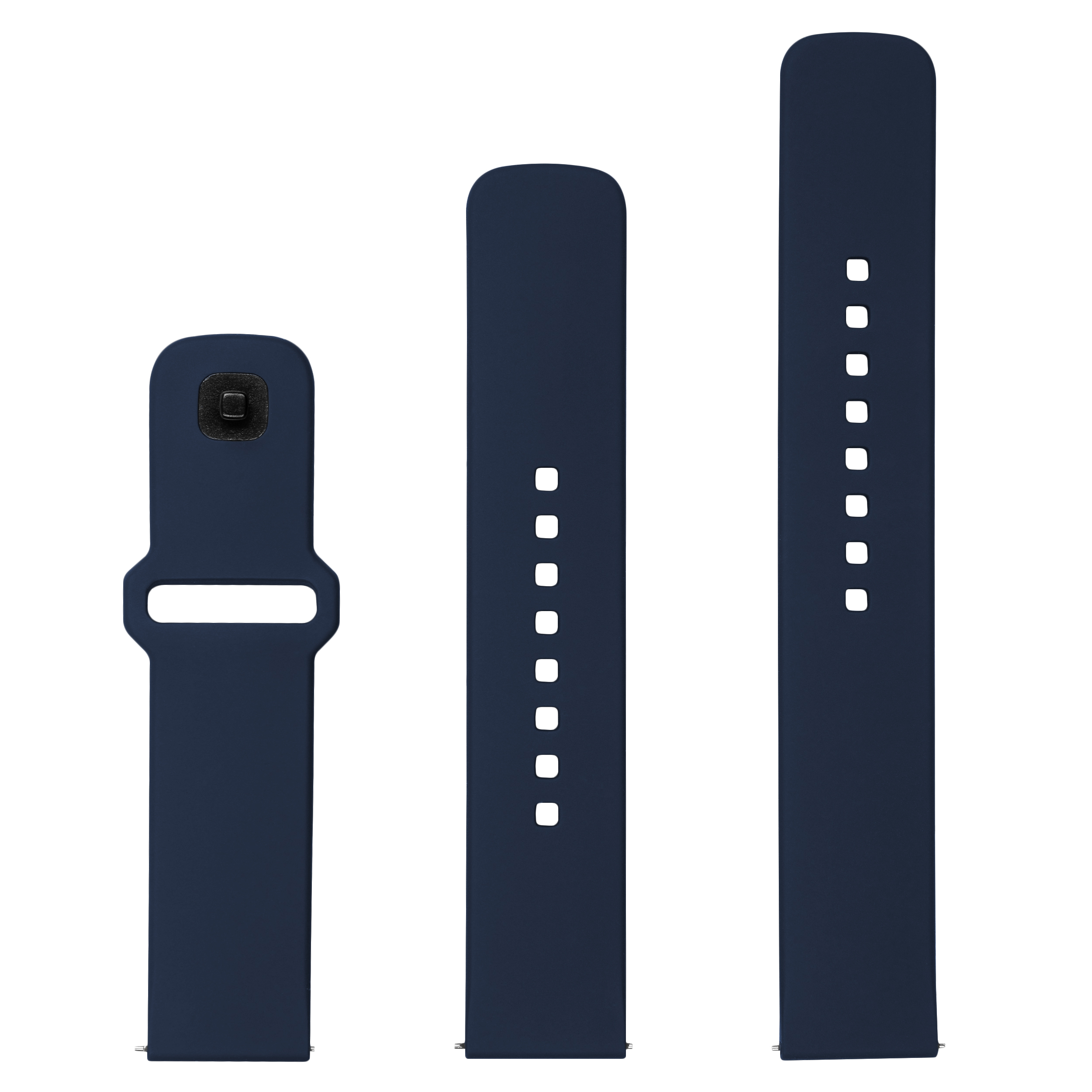 Drei blaue Silikon-Smartwatch-Armbänder mit unterschiedlichen Längen und Verschlussoptionen auf weißem Hintergrund.