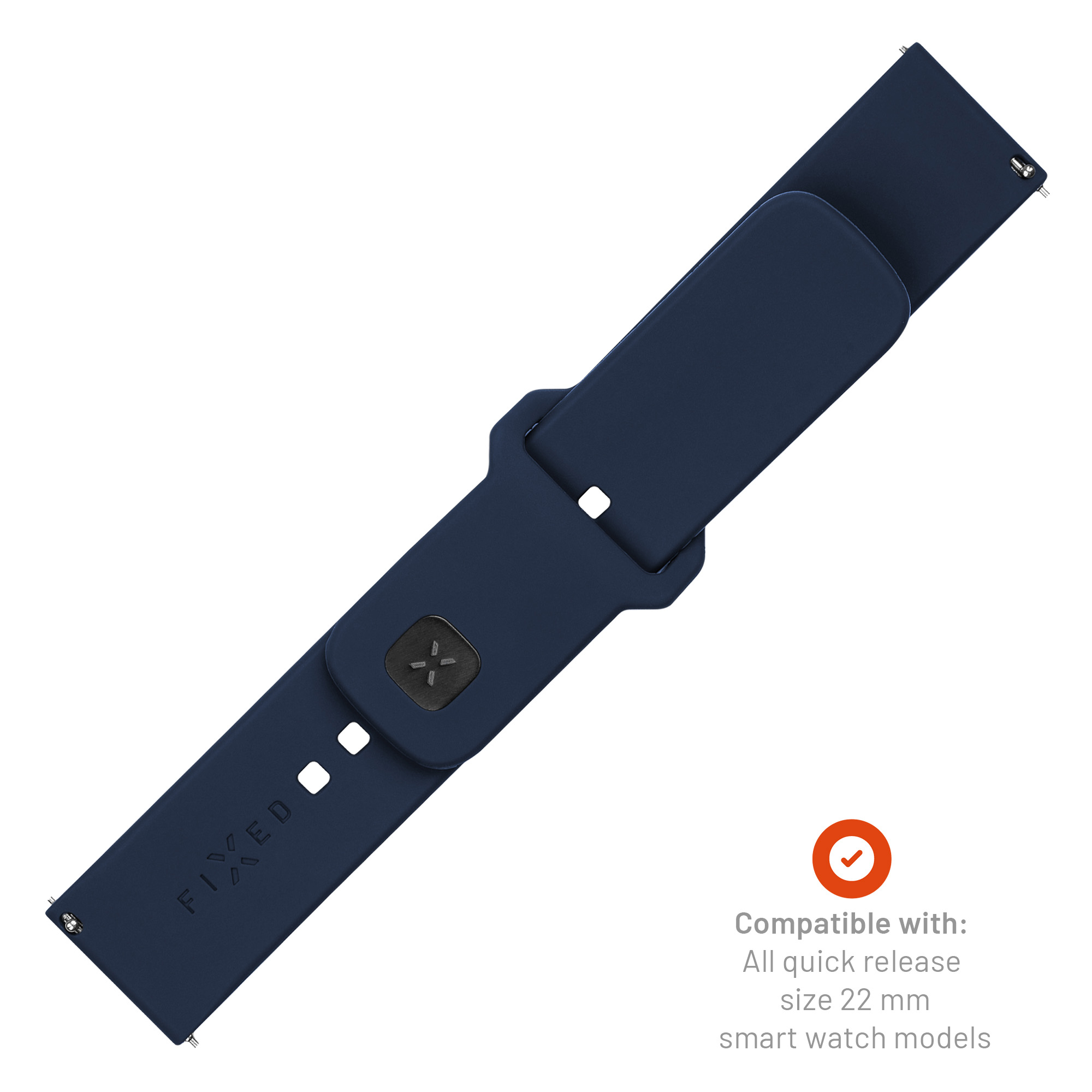 Dunkelblaues Silikon-Smartwatch-Armband mit FIXED-Logo und schwarzem Verschluss.