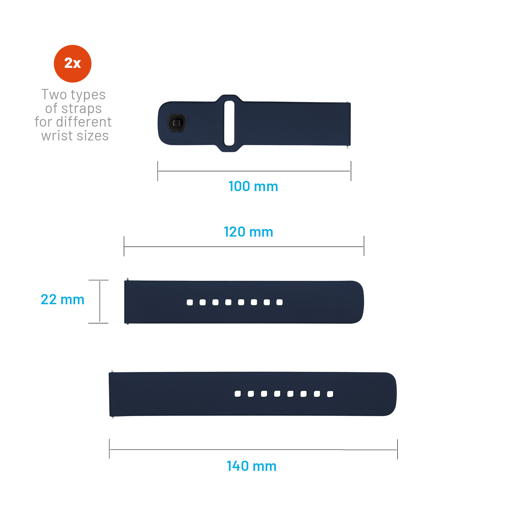 Diagramm zeigt zwei dunkle Uhrenarmbänder mit Maßen von 100mm, 120mm und 140mm Länge bei 22mm Breite.