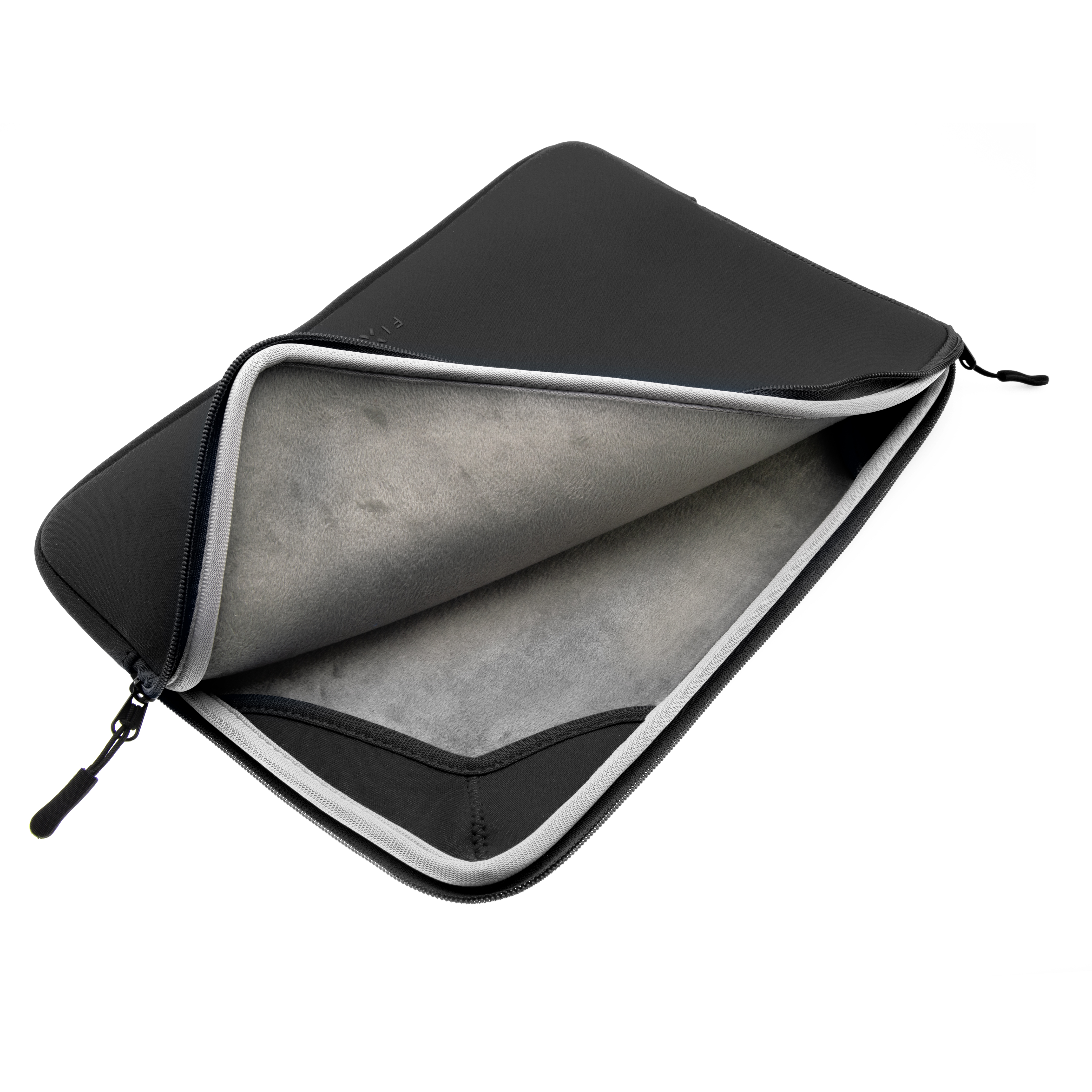 Schwarze Laptoptasche mit grauem Futter und Reißverschluss auf weißem Hintergrund.