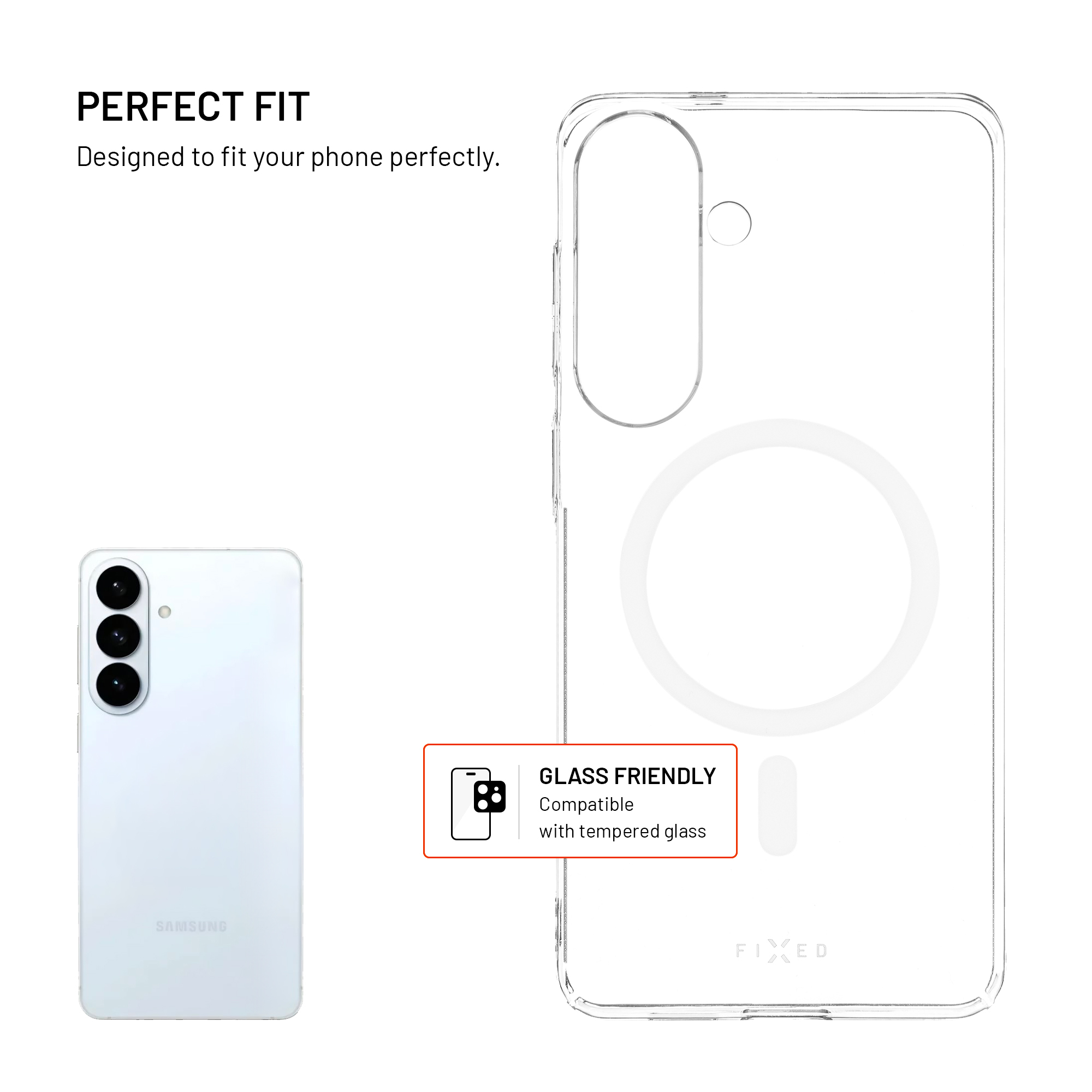 Transparente Smartphone-Hülle mit MagSafe-Ring und weißes Samsung-Handy.