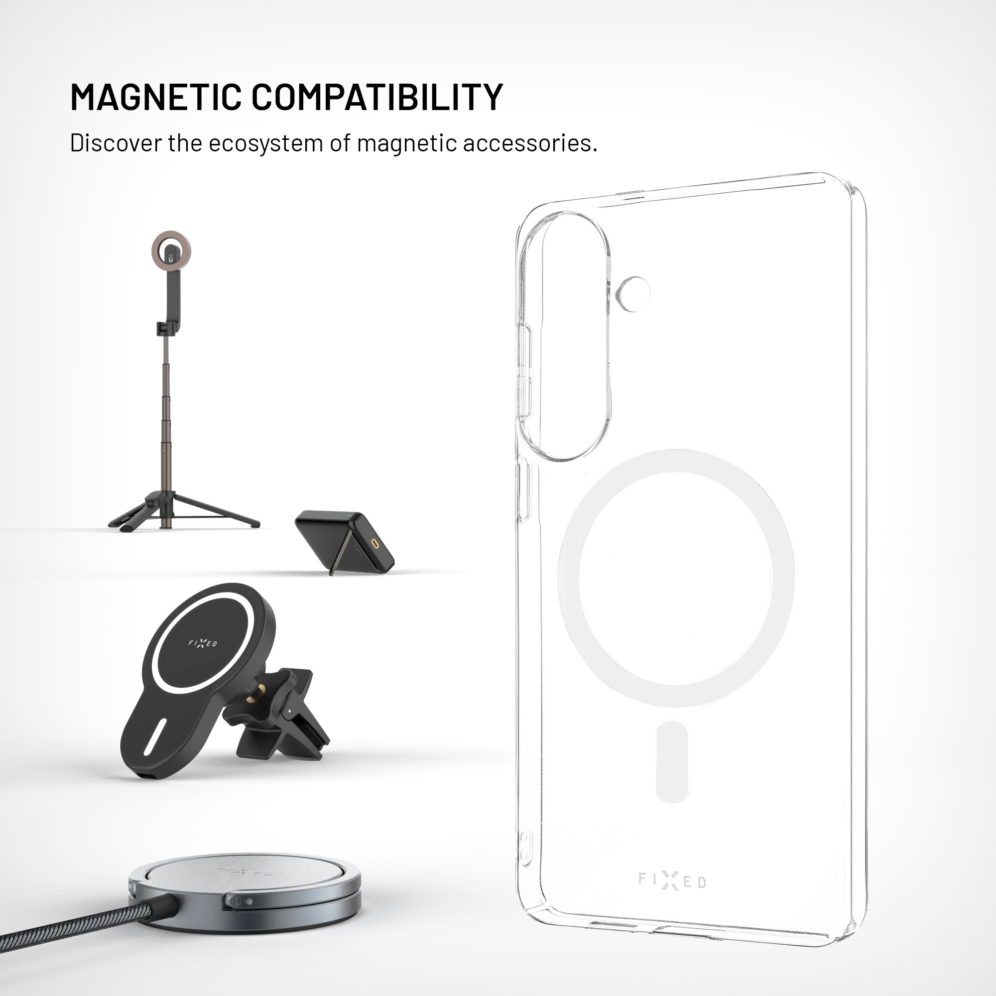 Transparente Handyhülle mit MagSafe-Ring und magnetischem Zubehör auf weißem Hintergrund.