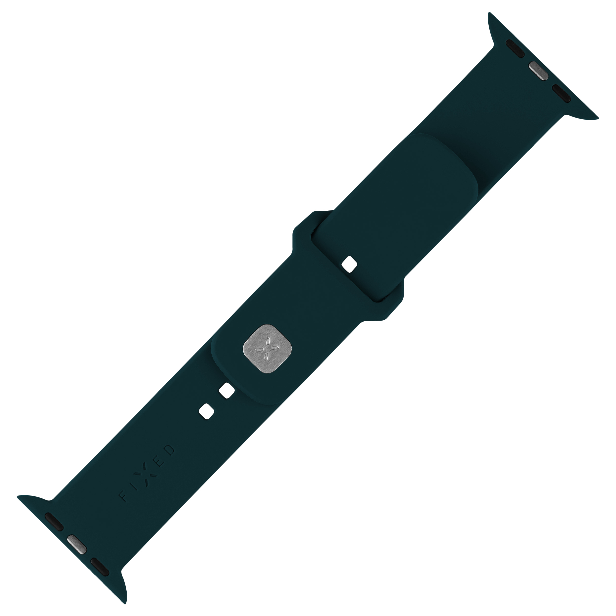 Dunkelgrünes Silikon-Smartwatch-Armband mit silbernem Verschluss.