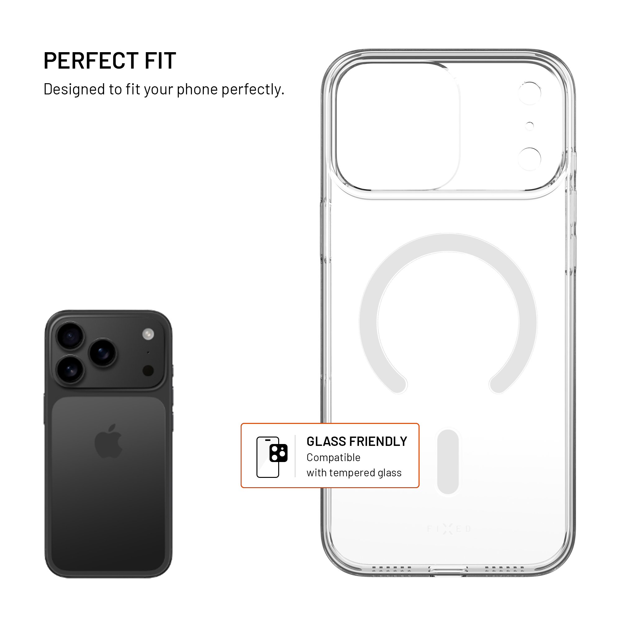 Transparente Handyhülle mit MagSafe-Ring und Text perfekt fit und glass friendly, daneben ein schwarzes Smartphone.