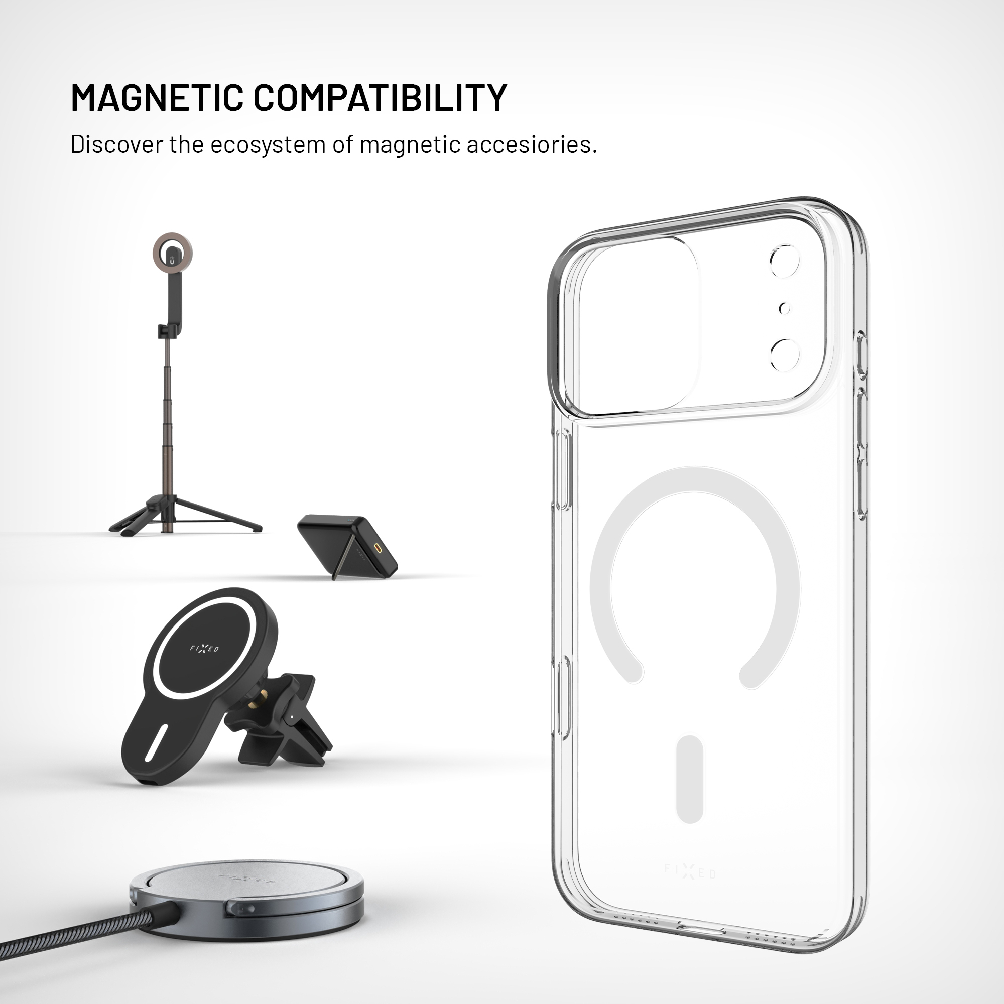Transparente Handyhülle mit MagSafe und magnetischem Zubehör wie Stativ, Ladegerät und Halterung.