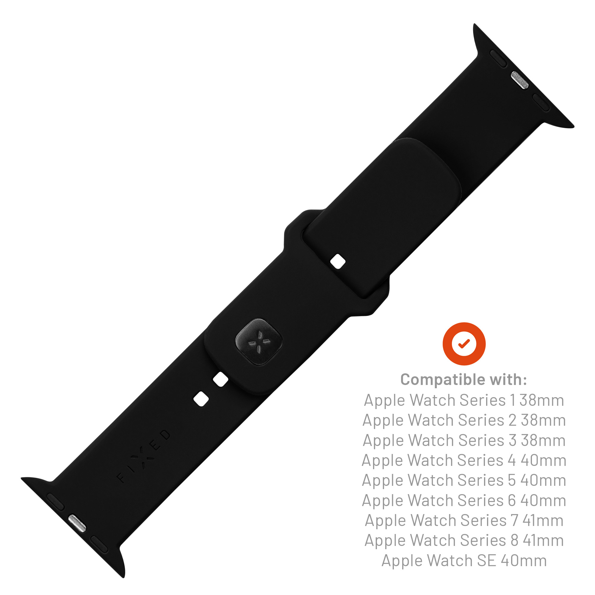 Correa de silicona negra para Apple Watch con lista de compatibilidad.